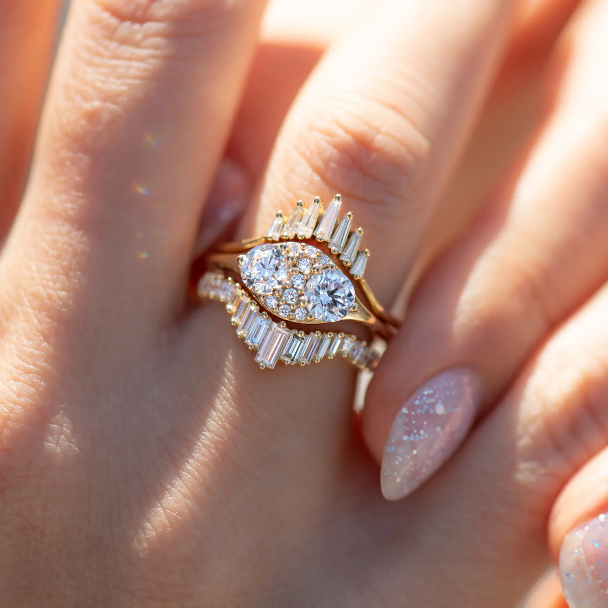 Dual Diamond Engagement Ring with a Cluster of Brilliant Cut Diamonds