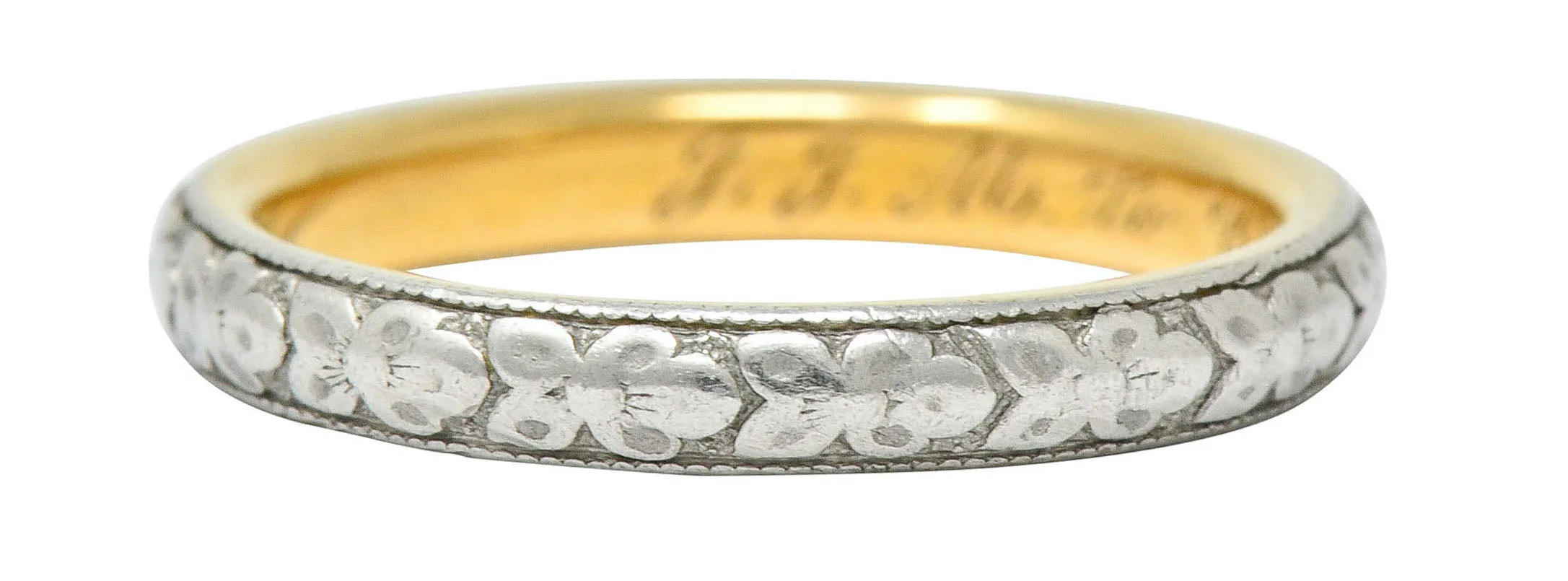 Early Art Deco Platinum-Topped 18 Karat Two-Tone Gold Floral Band Ring