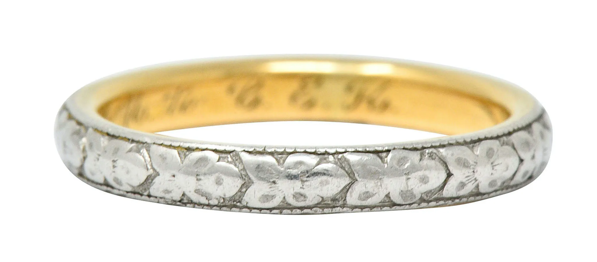 Early Art Deco Platinum-Topped 18 Karat Two-Tone Gold Floral Band Ring