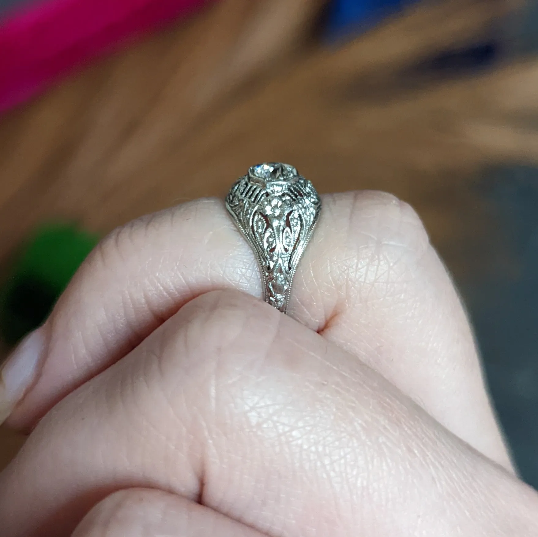 Edwardian Diamond Platinum Floral Engagement Ring