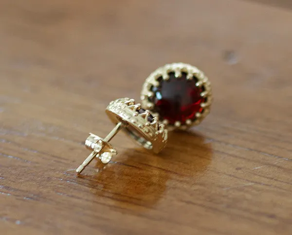 Fancy 14k yellow gold earrings with red garnet (S0411)