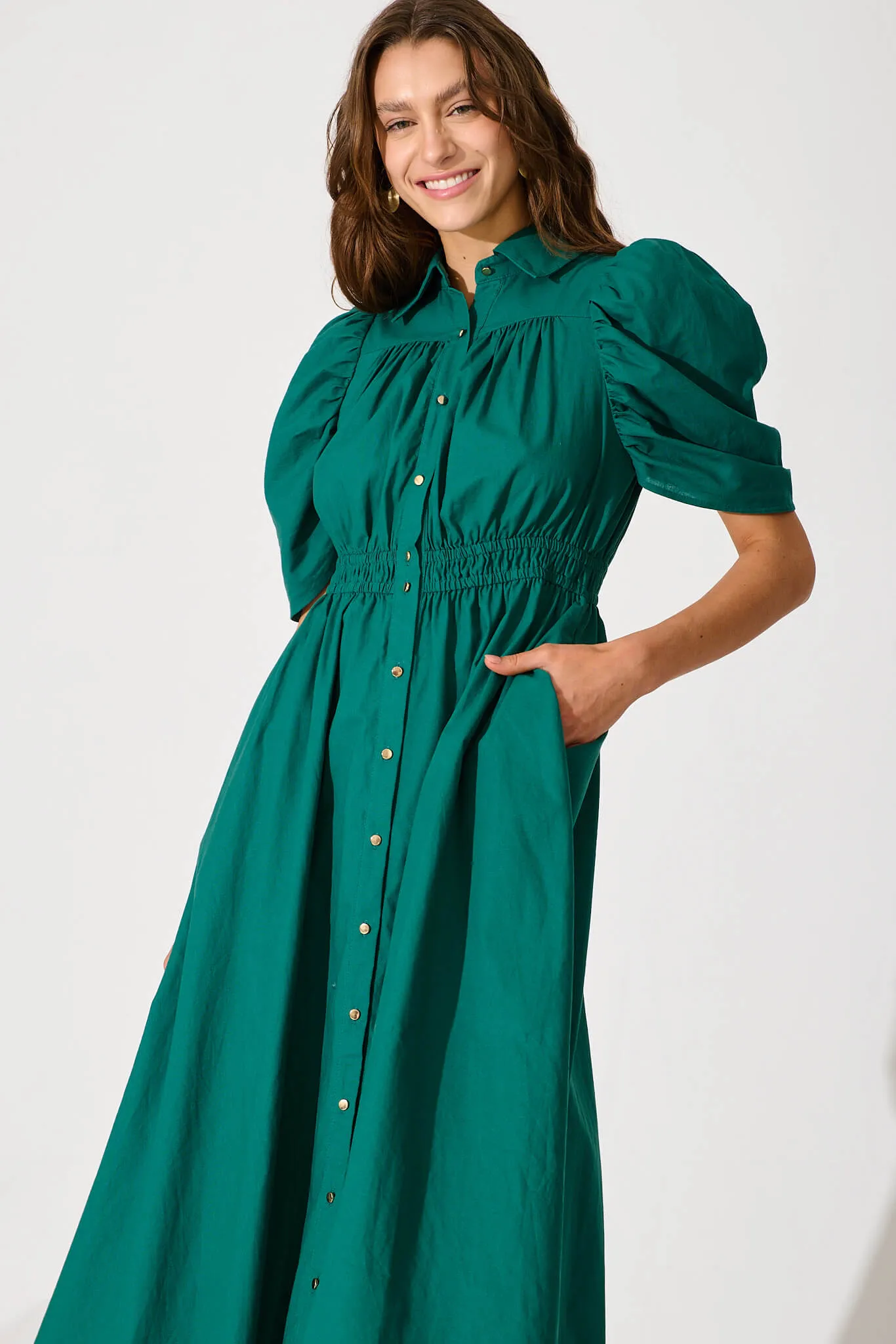 Gemini Midi Shirt Dress In Green Cotton