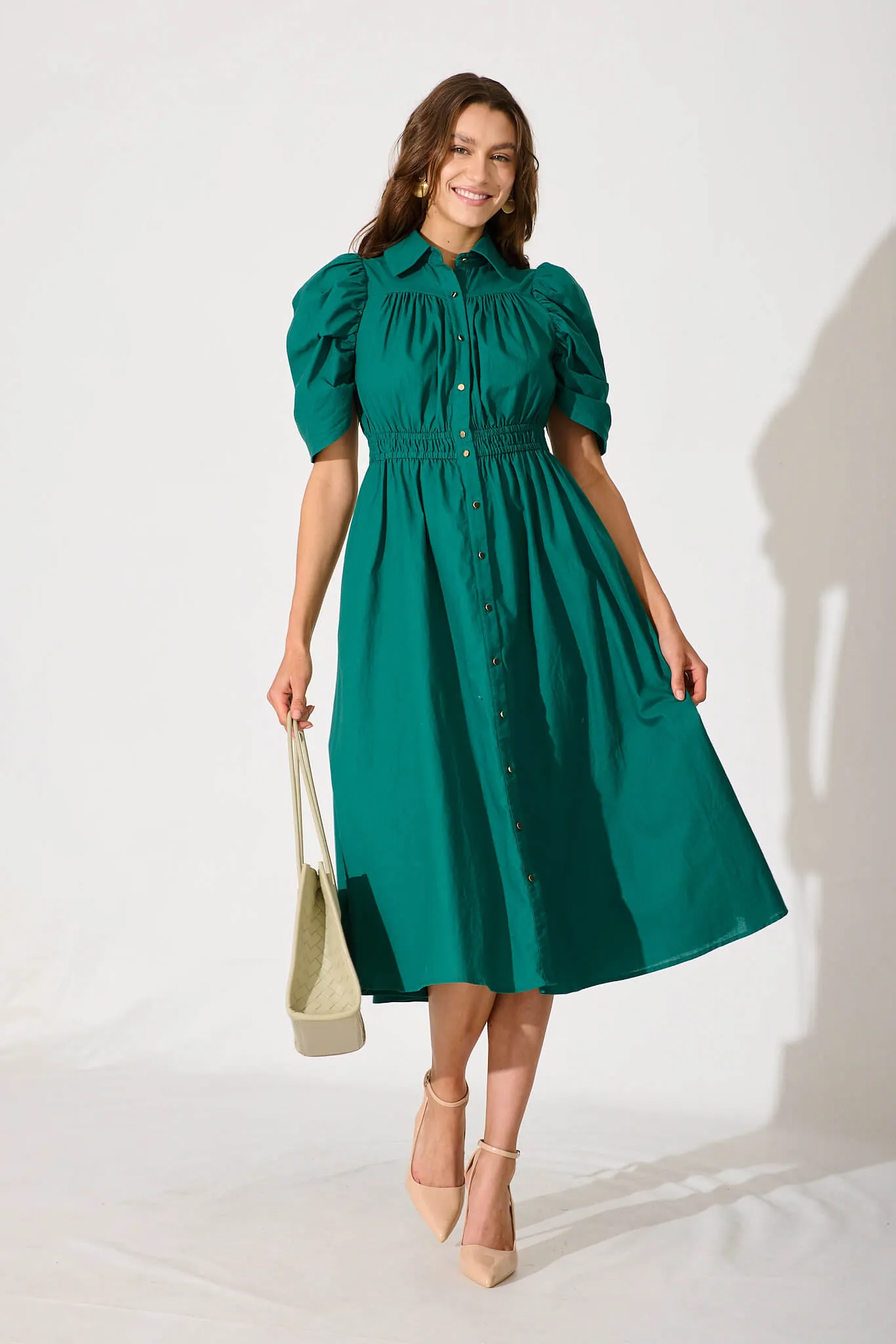 Gemini Midi Shirt Dress In Green Cotton