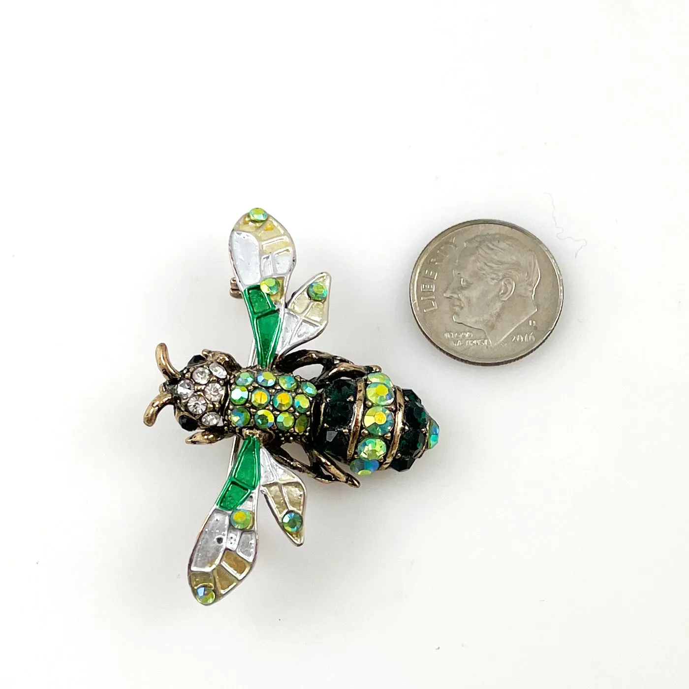 Green Enamel Rhinestone Bee Brooch