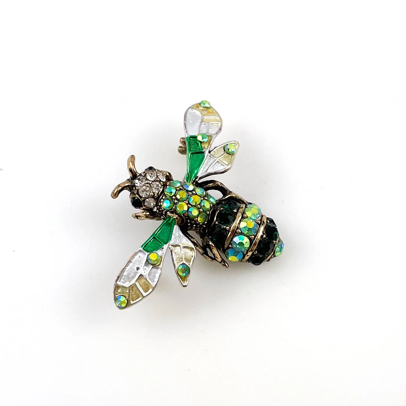 Green Enamel Rhinestone Bee Brooch