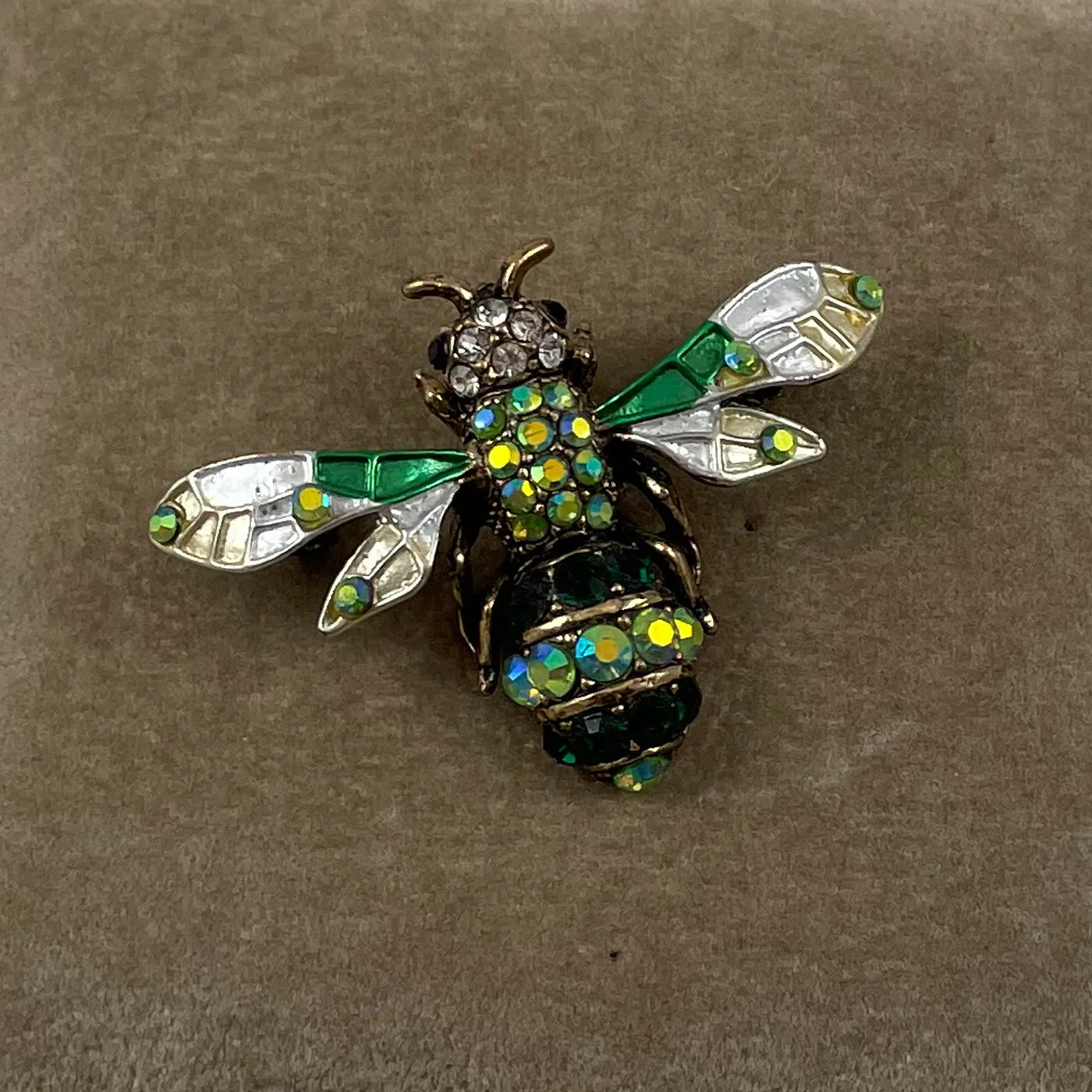 Green Enamel Rhinestone Bee Brooch