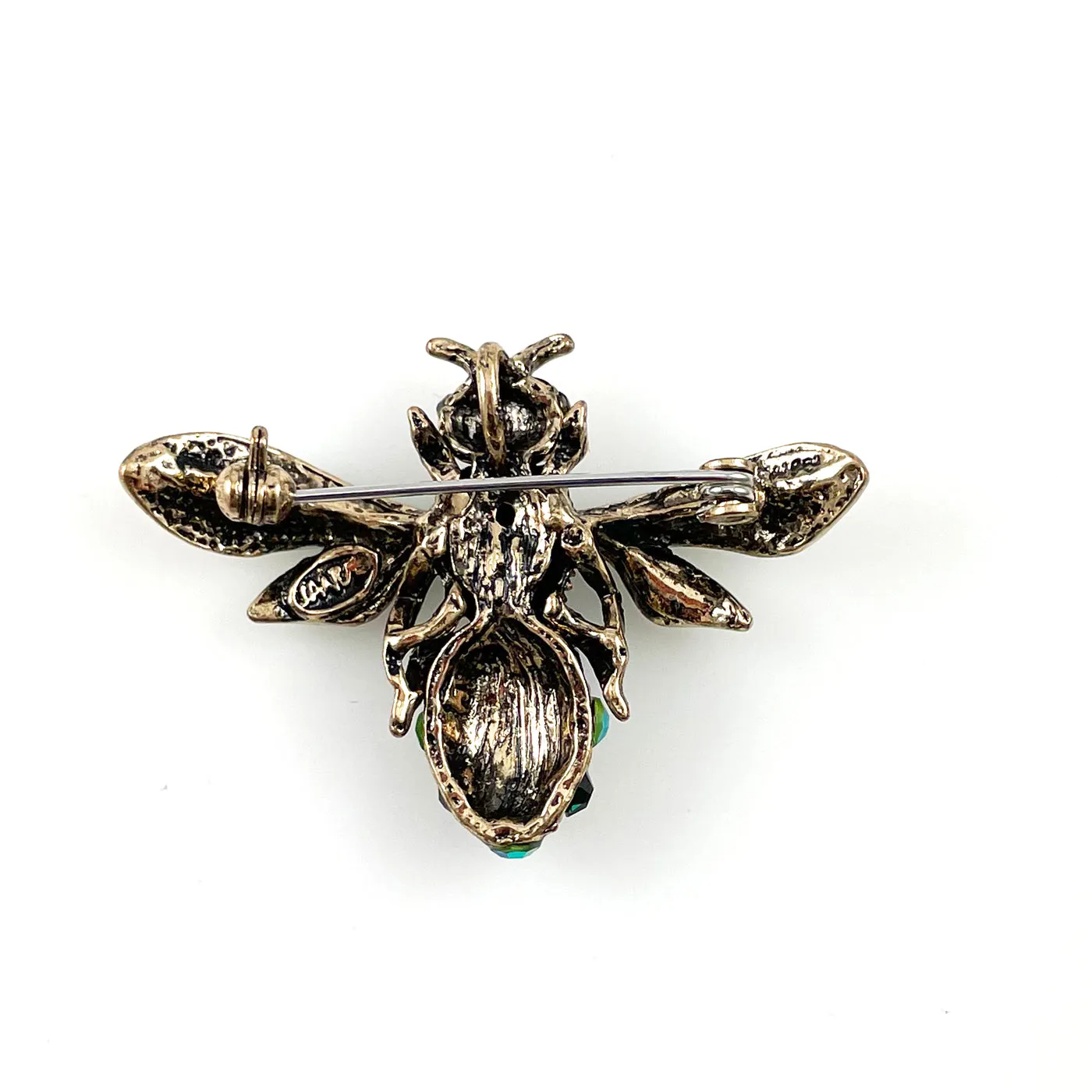 Green Enamel Rhinestone Bee Brooch