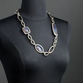 Grey Agate Chain Link Necklace, White Brass