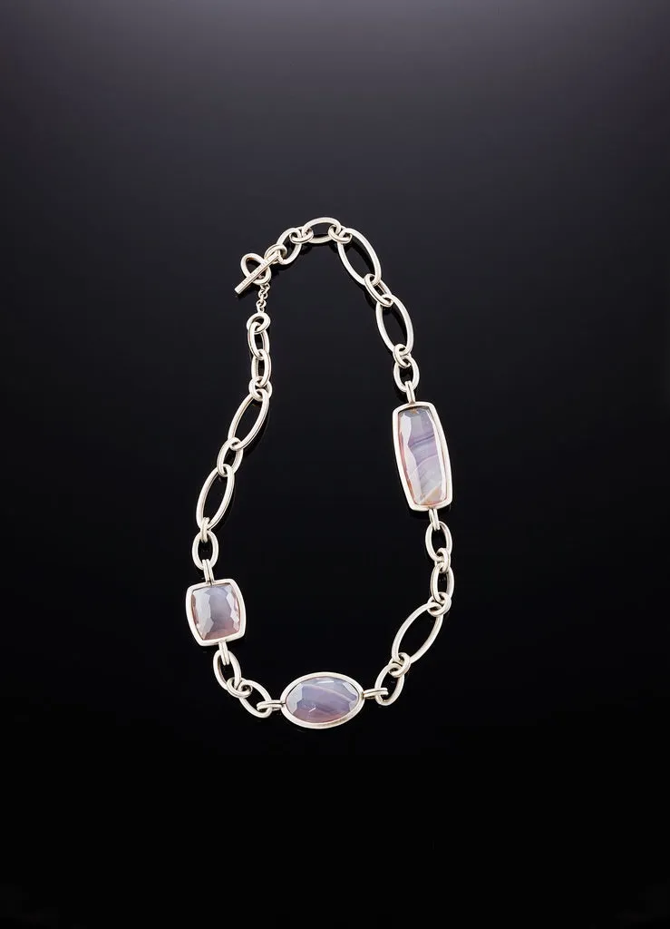 Grey Agate Chain Link Necklace, White Brass