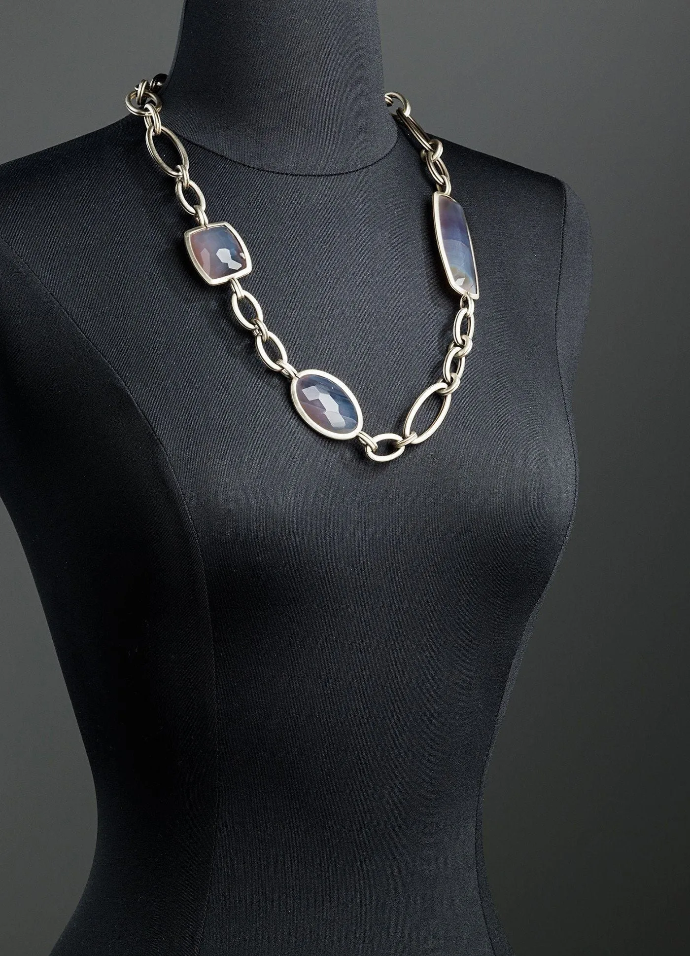 Grey Agate Chain Link Necklace, White Brass