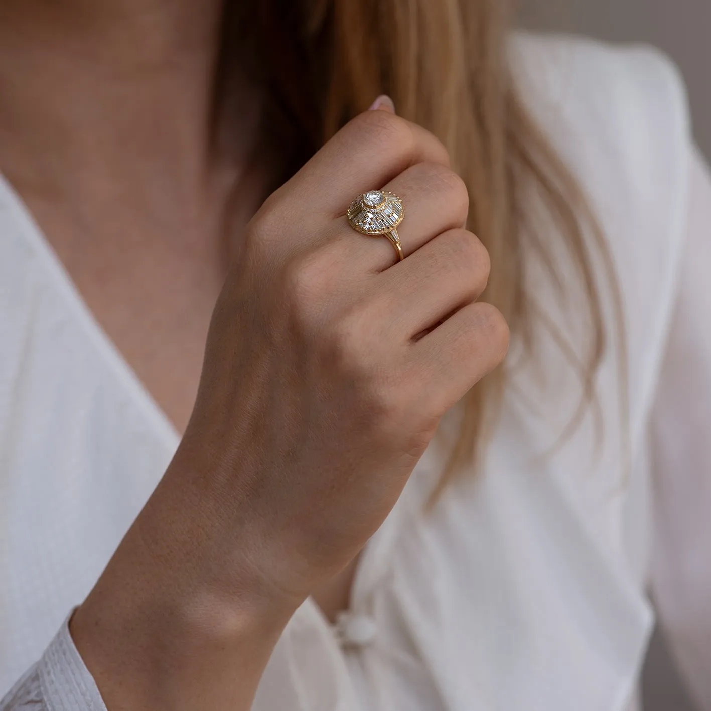 Halo Engagement Ring with Baguette Diamonds