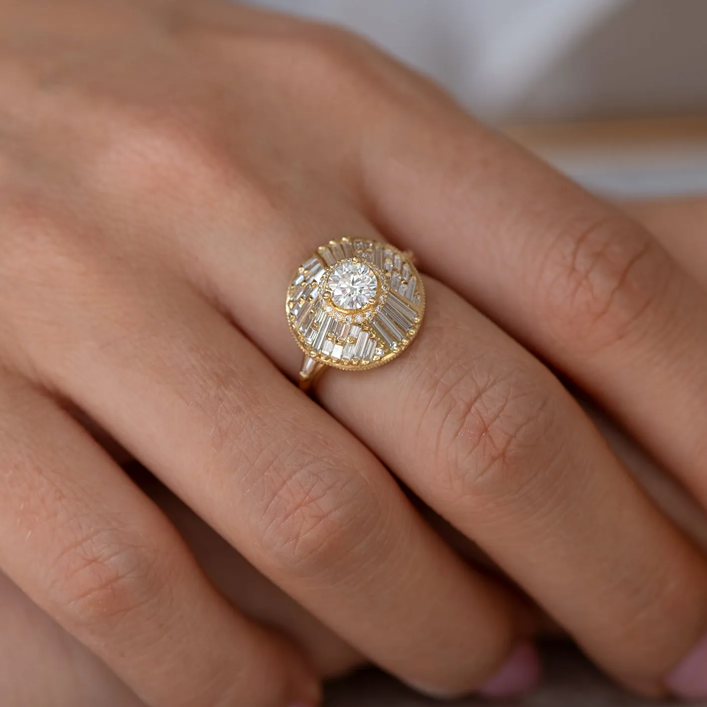 Halo Engagement Ring with Baguette Diamonds