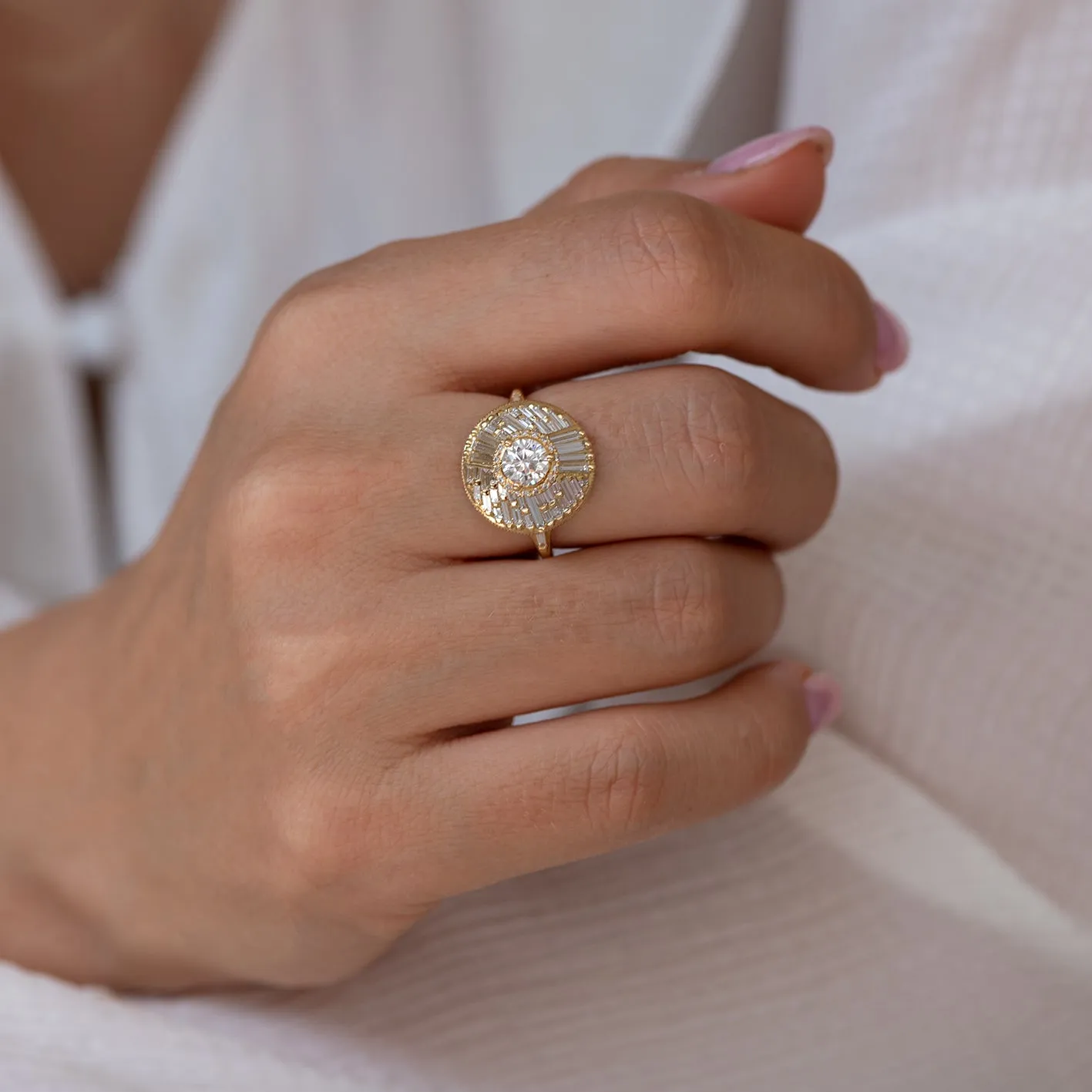 Halo Engagement Ring with Baguette Diamonds