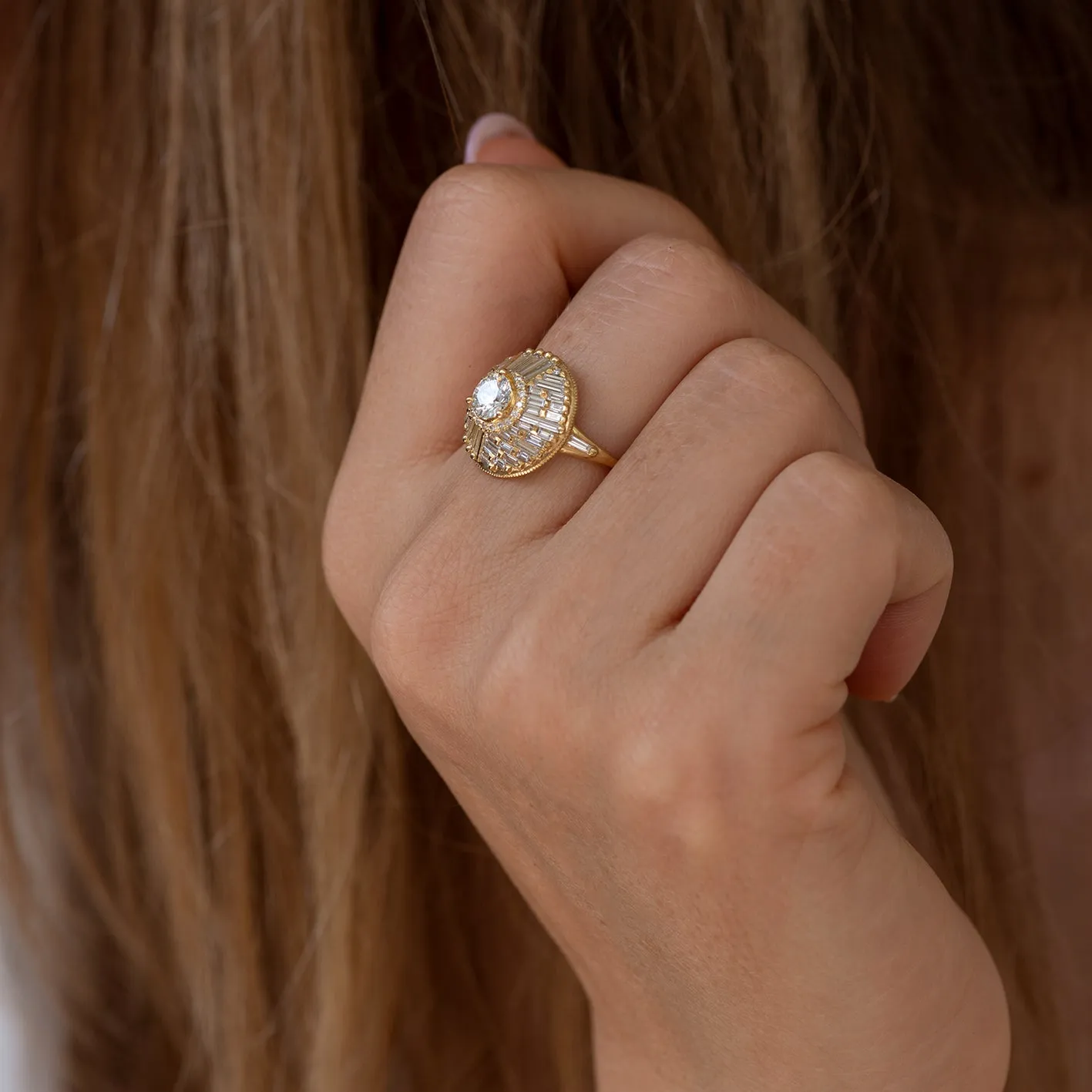 Halo Engagement Ring with Baguette Diamonds