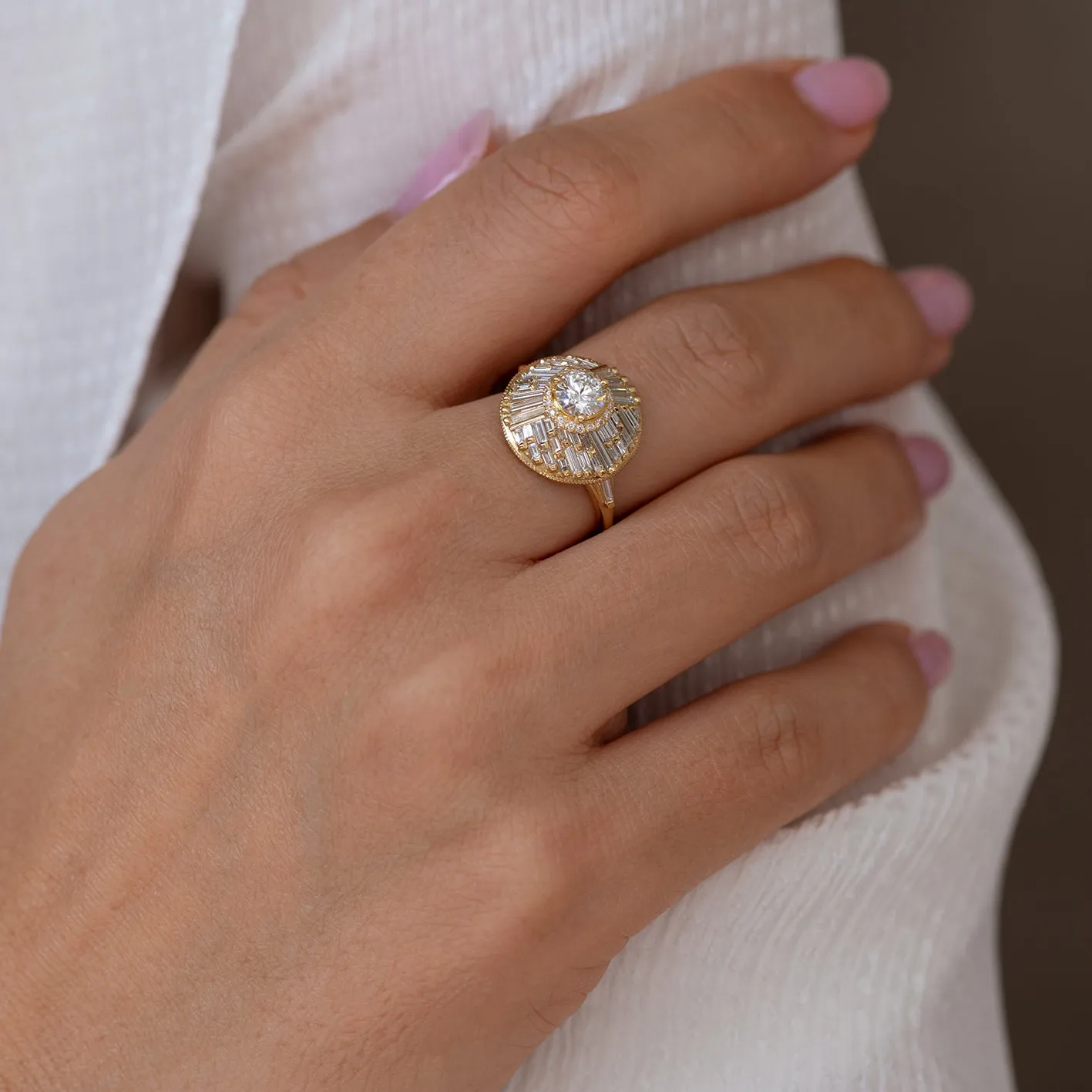 Halo Engagement Ring with Baguette Diamonds