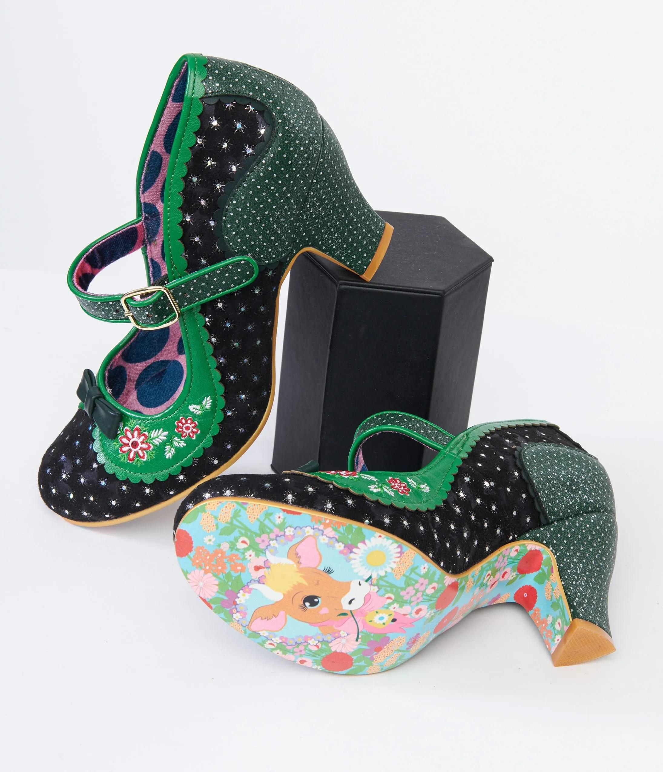 Irregular Choice Black & Green Flower Flounce Mary Jane Heels