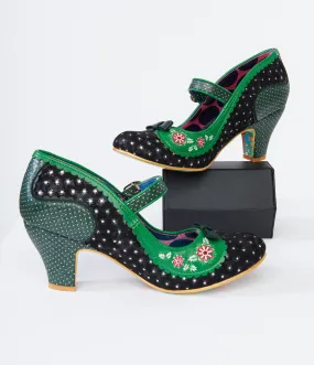 Irregular Choice Black & Green Flower Flounce Mary Jane Heels