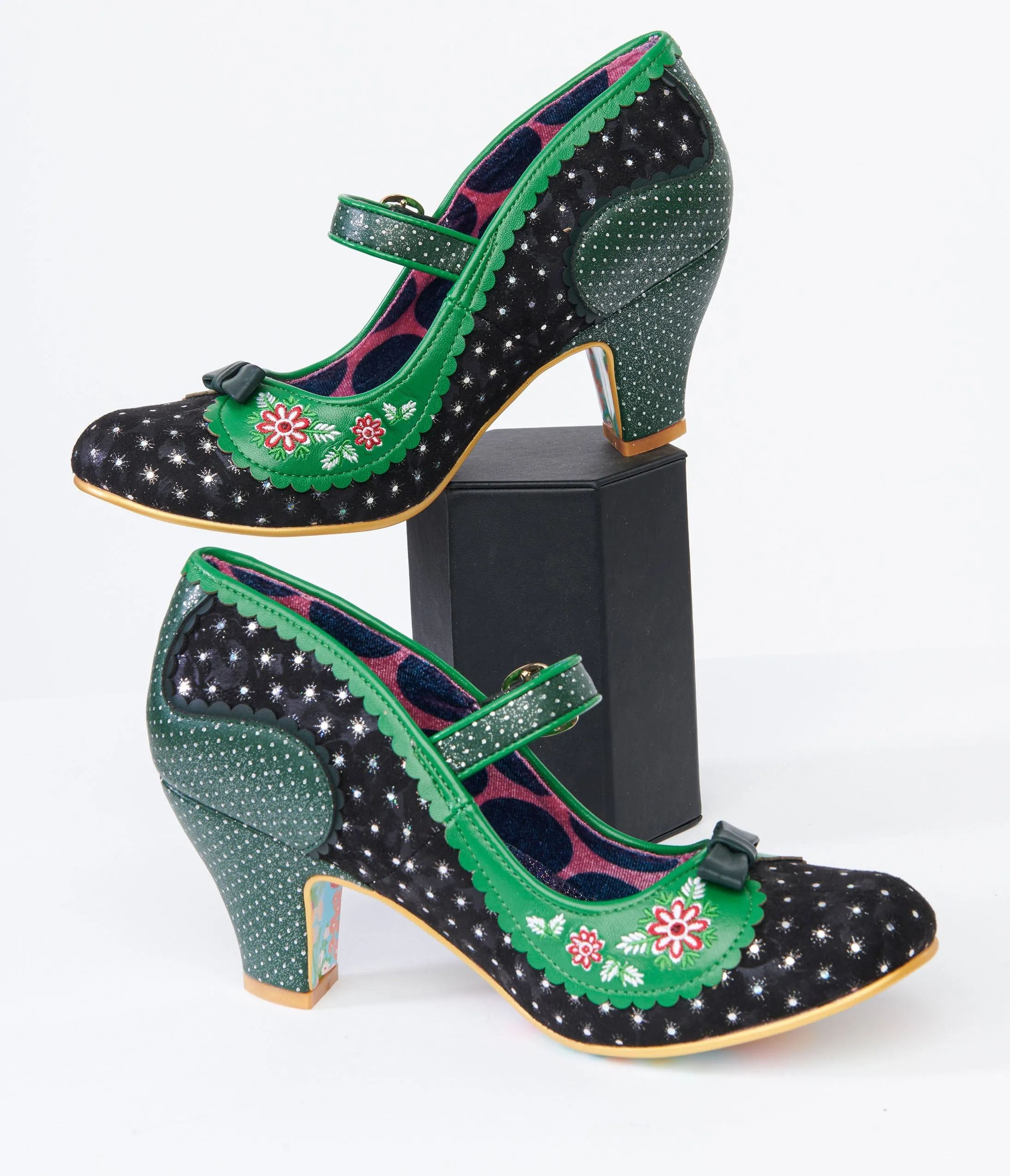 Irregular Choice Black & Green Flower Flounce Mary Jane Heels