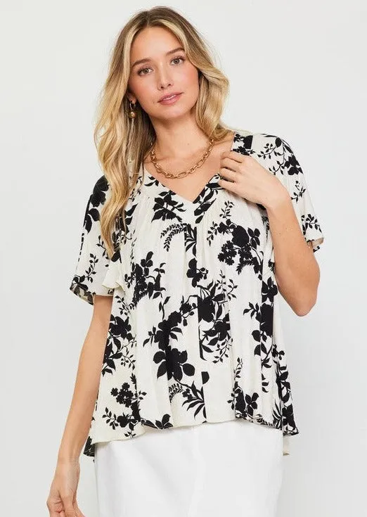 Ivory & Black Floral Vneck Top