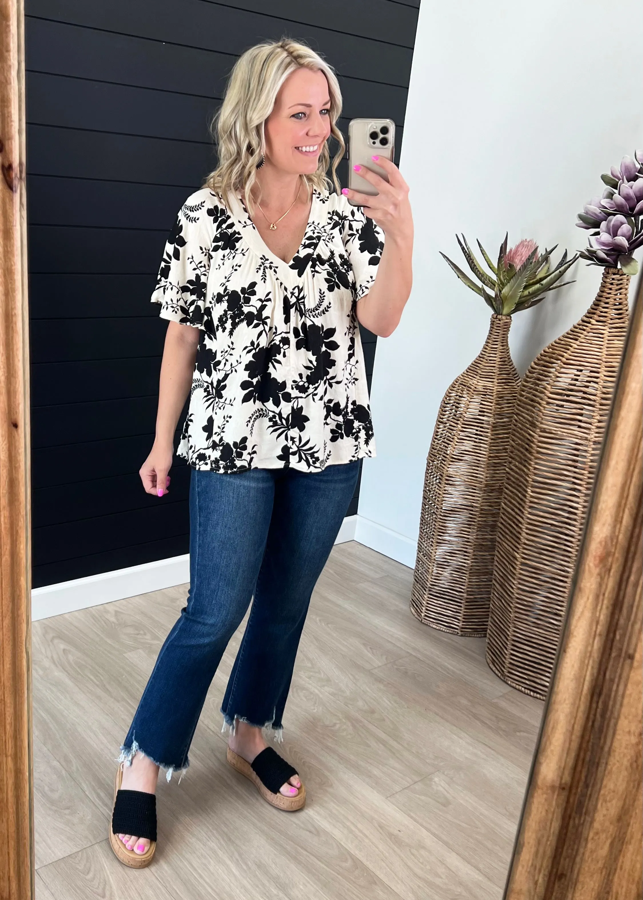 Ivory & Black Floral Vneck Top