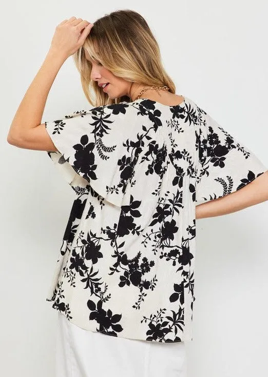 Ivory & Black Floral Vneck Top