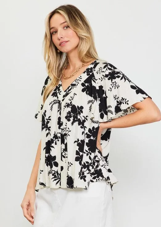 Ivory & Black Floral Vneck Top