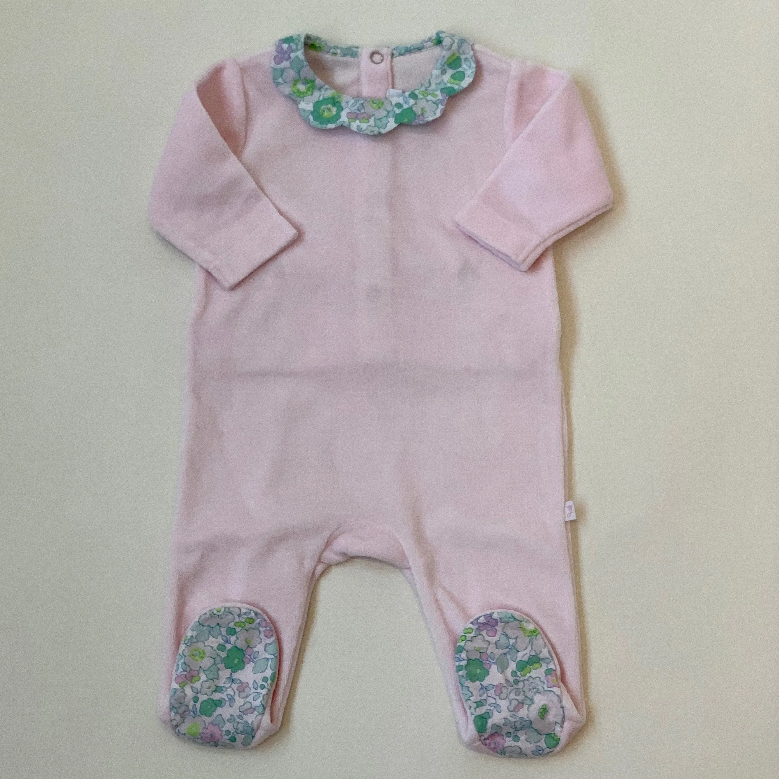 Jacadi Pale Pink Velour All-In-One With Liberty Print Collar: 18 Months