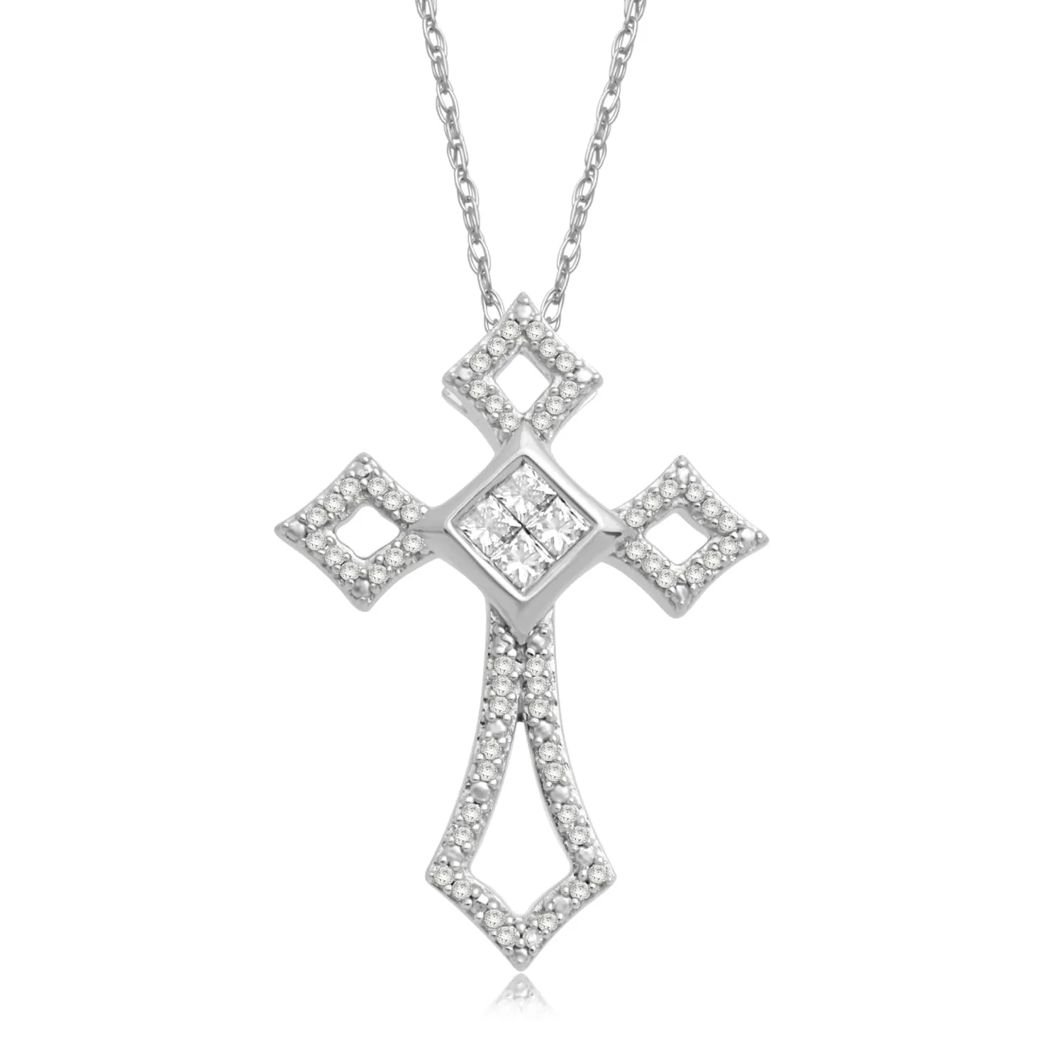 Jewelili 10K White Gold With 1/4 CTTW Natural White Diamonds Cross Pendant Necklace