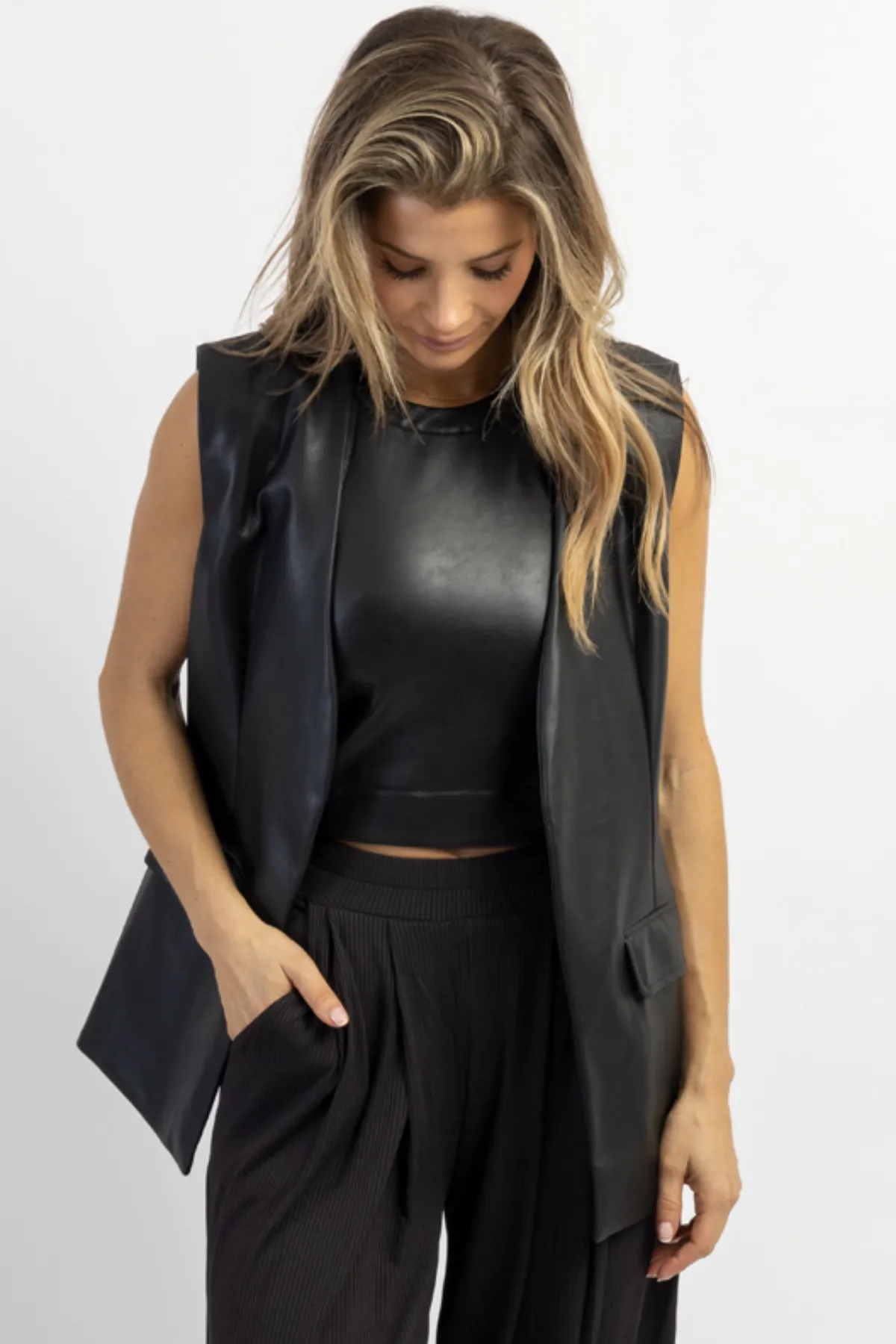 LACI BLACK LEATHER HALTER CROP + VEST SET