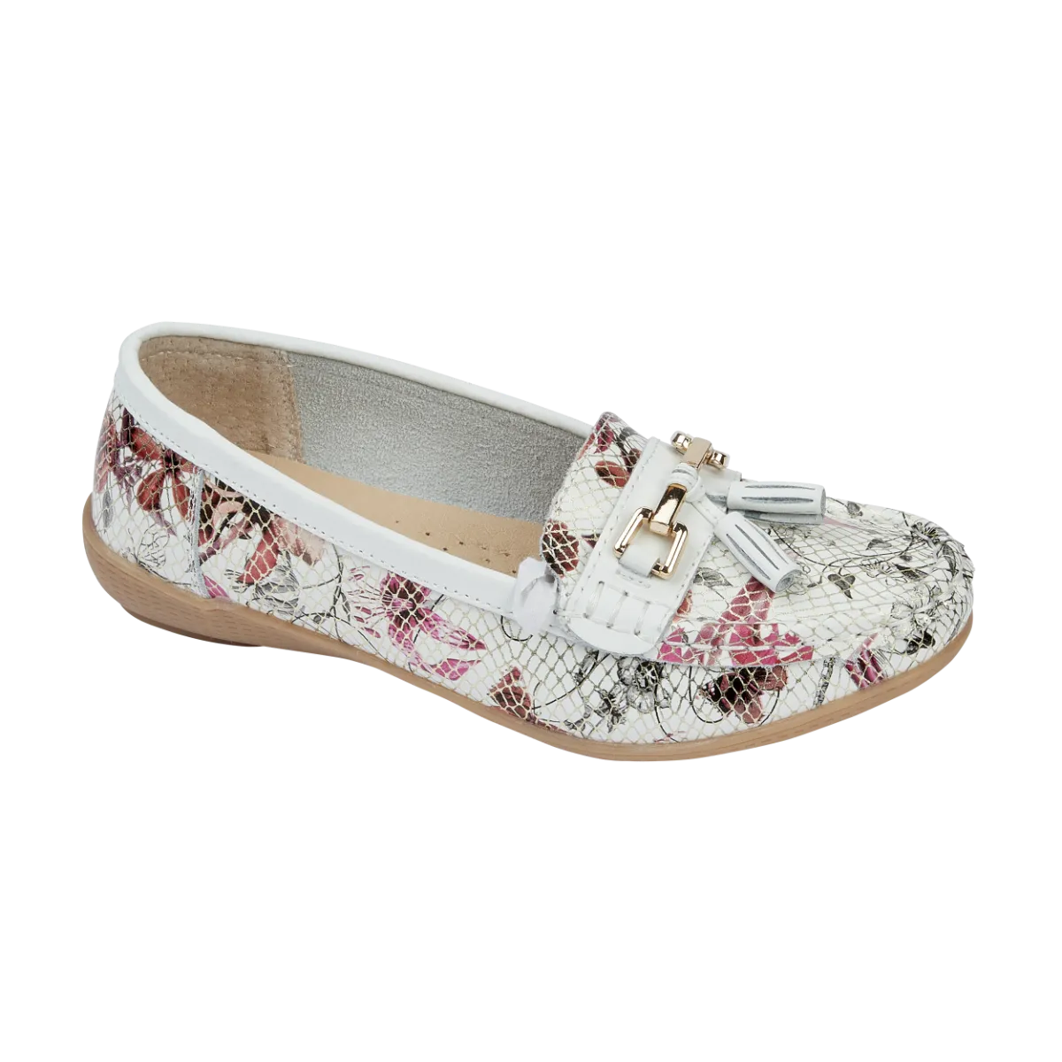 Ladies Leather Slip on White/Gold Multi Shoes Mandalay Flat Jo & Joe