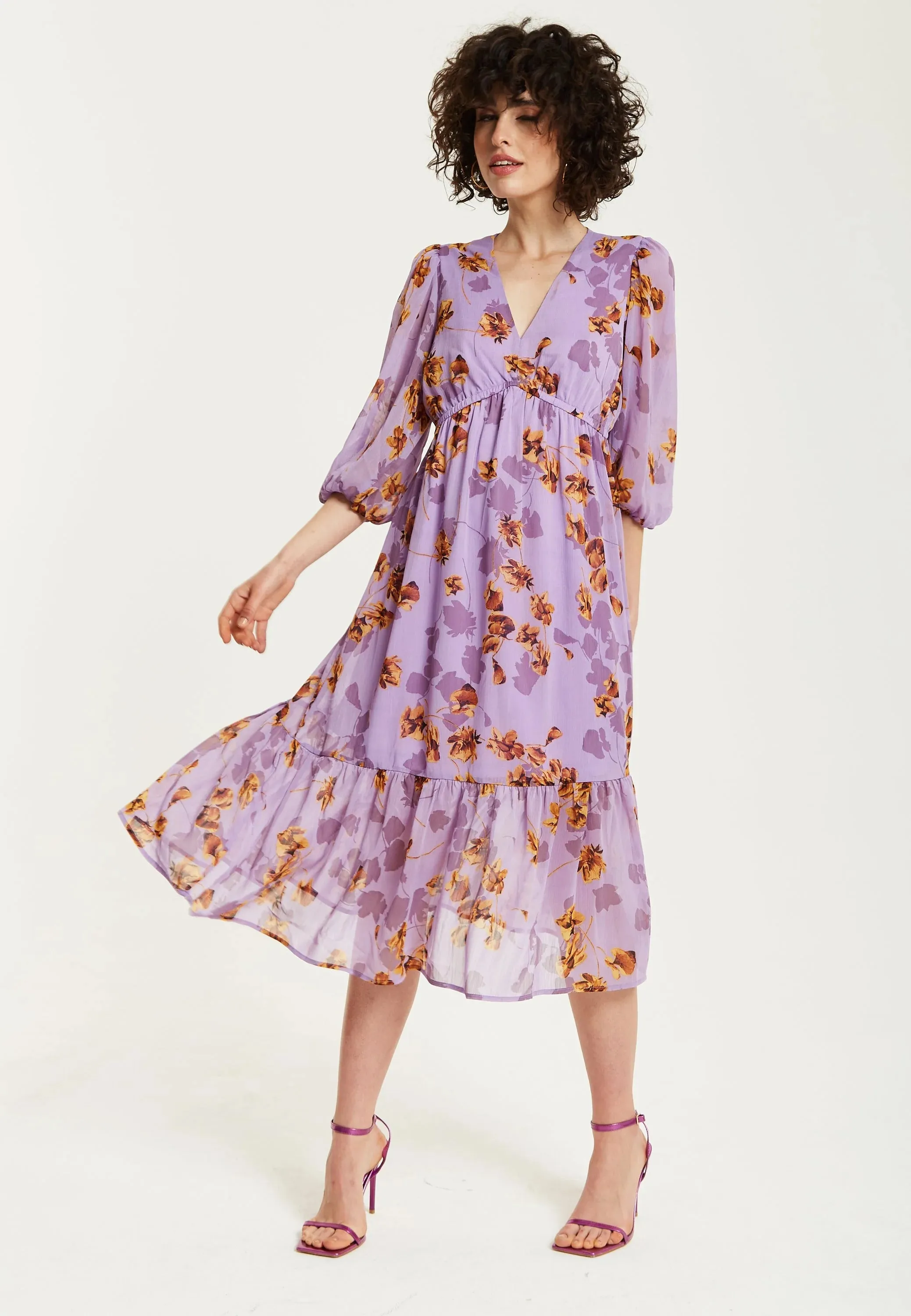 Liquorish Purple Floral V-neck Midi Dress