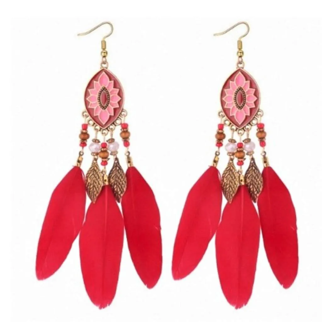 Long Red Feather Dangle Earrings