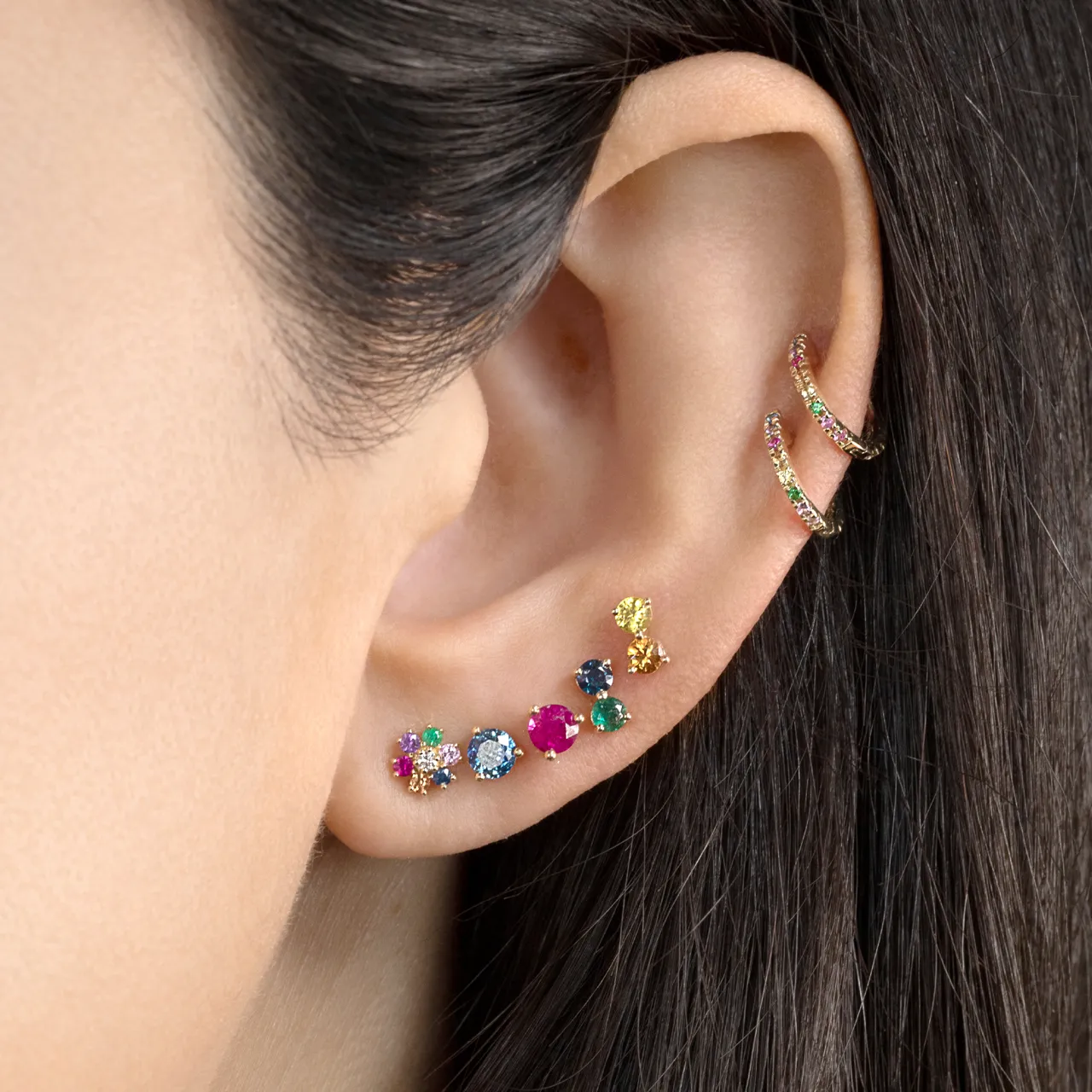 Mini Teddy Flower Stud - Rainbow / 14k Yellow Gold