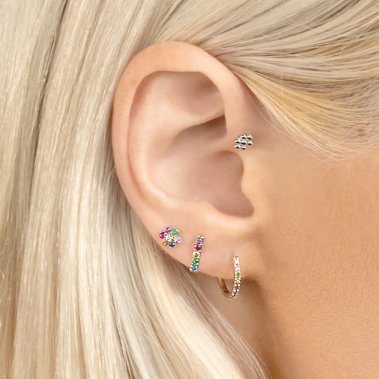 Mini Teddy Flower Stud - Rainbow / 14k Yellow Gold