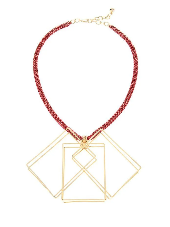 Modern Angles Layered Box Necklace with Red Accents