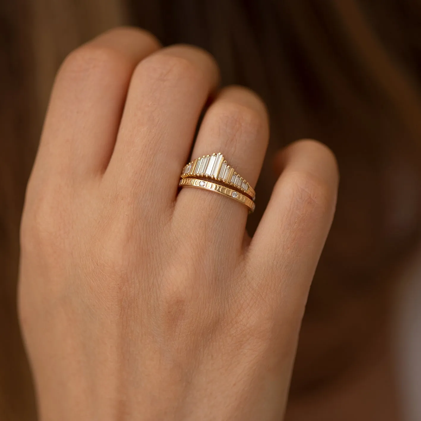 Needle Baguette Tiara Ring with Gold Bars