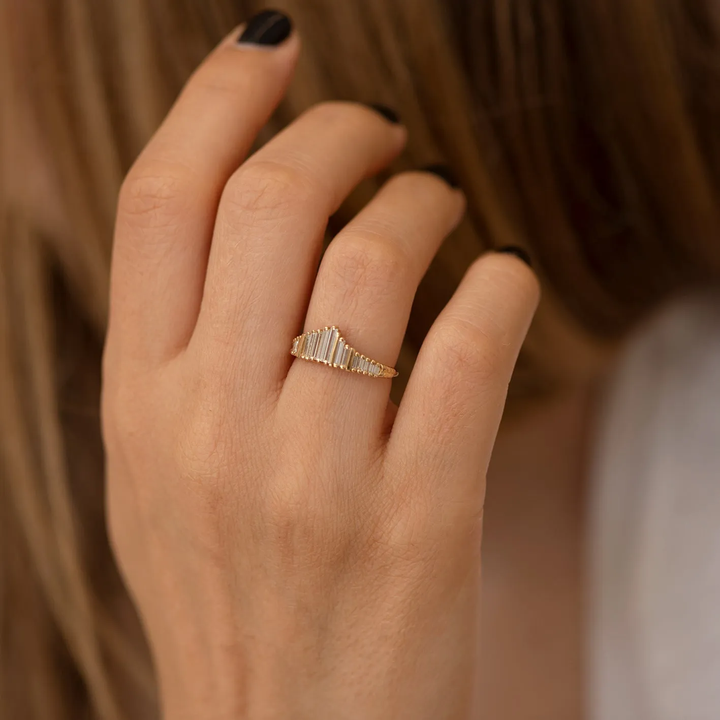 Needle Baguette Tiara Ring with Gold Bars