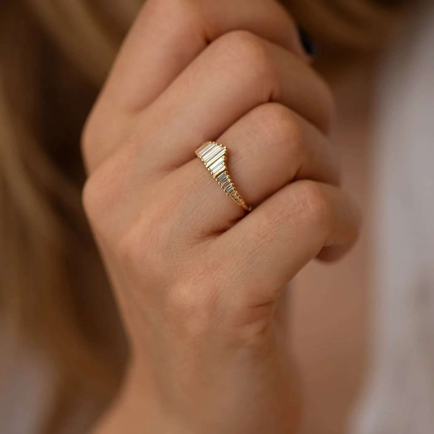 Needle Baguette Tiara Ring with Gold Bars