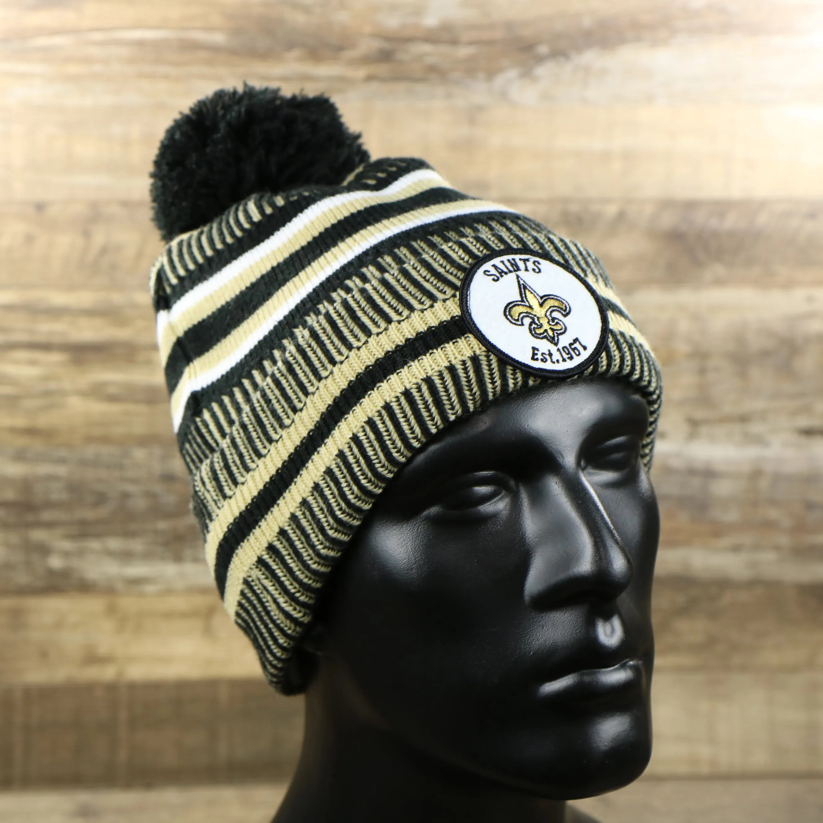 New Orleans Saints On Field Sideline Cuffed Winter Knit Pom Pom Beanie | Black Winter Beanie