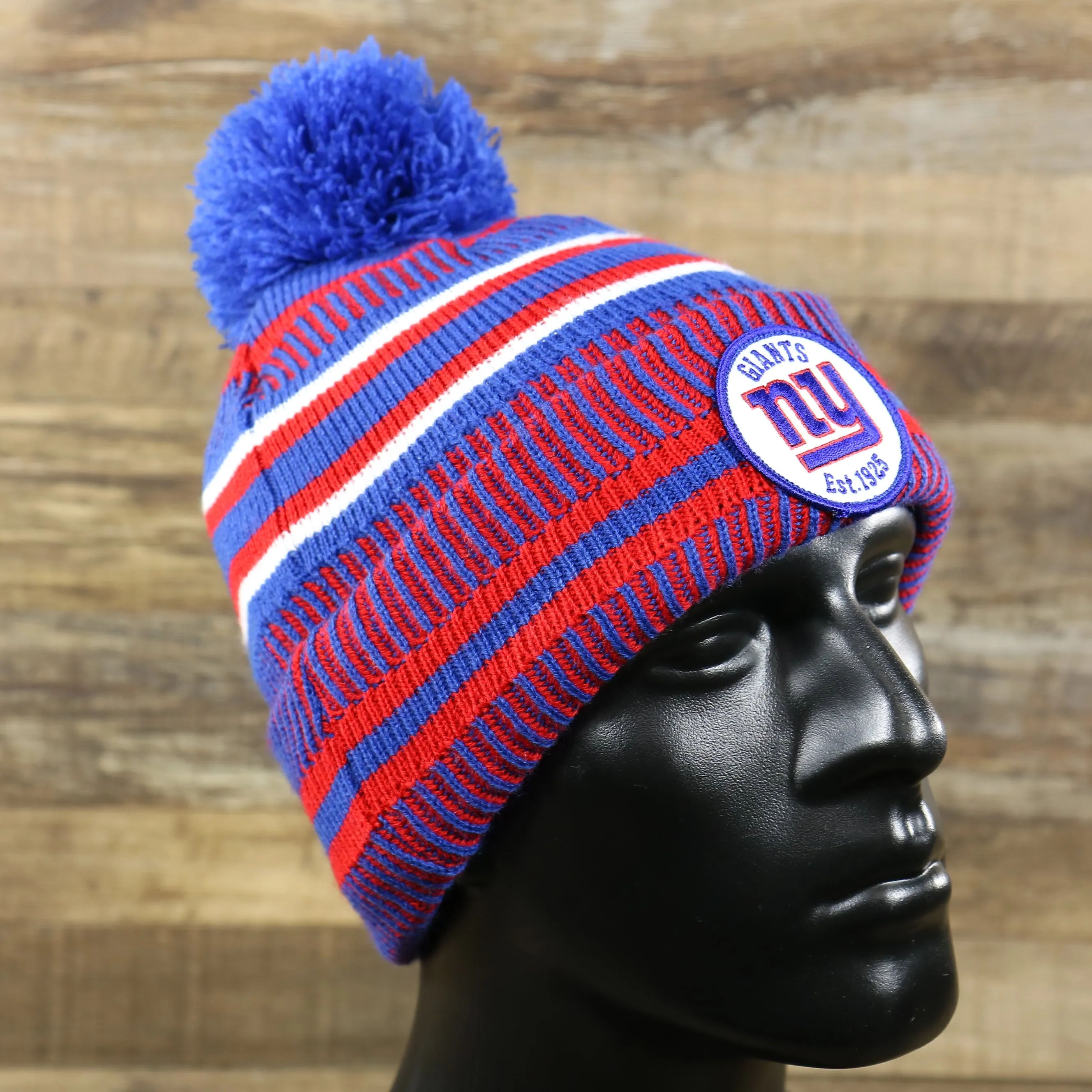 New York Giants On Field Sideline Cuffed Winter Knit Pom Pom Beanie | Red Winter Beanie