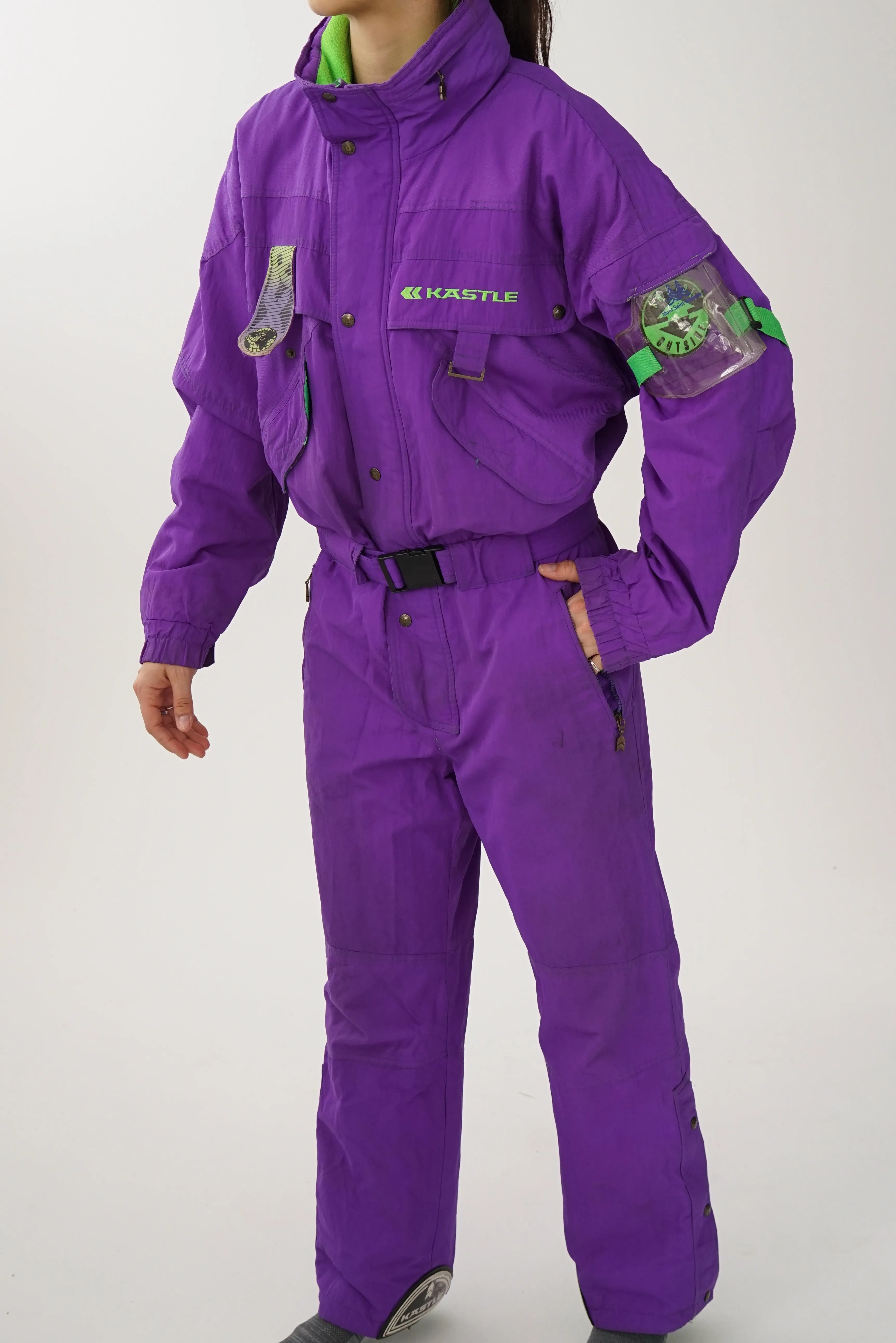 One piece vintage Kastle ski suit, snow suit mauve et vert fluo unisex taille 48 (M)