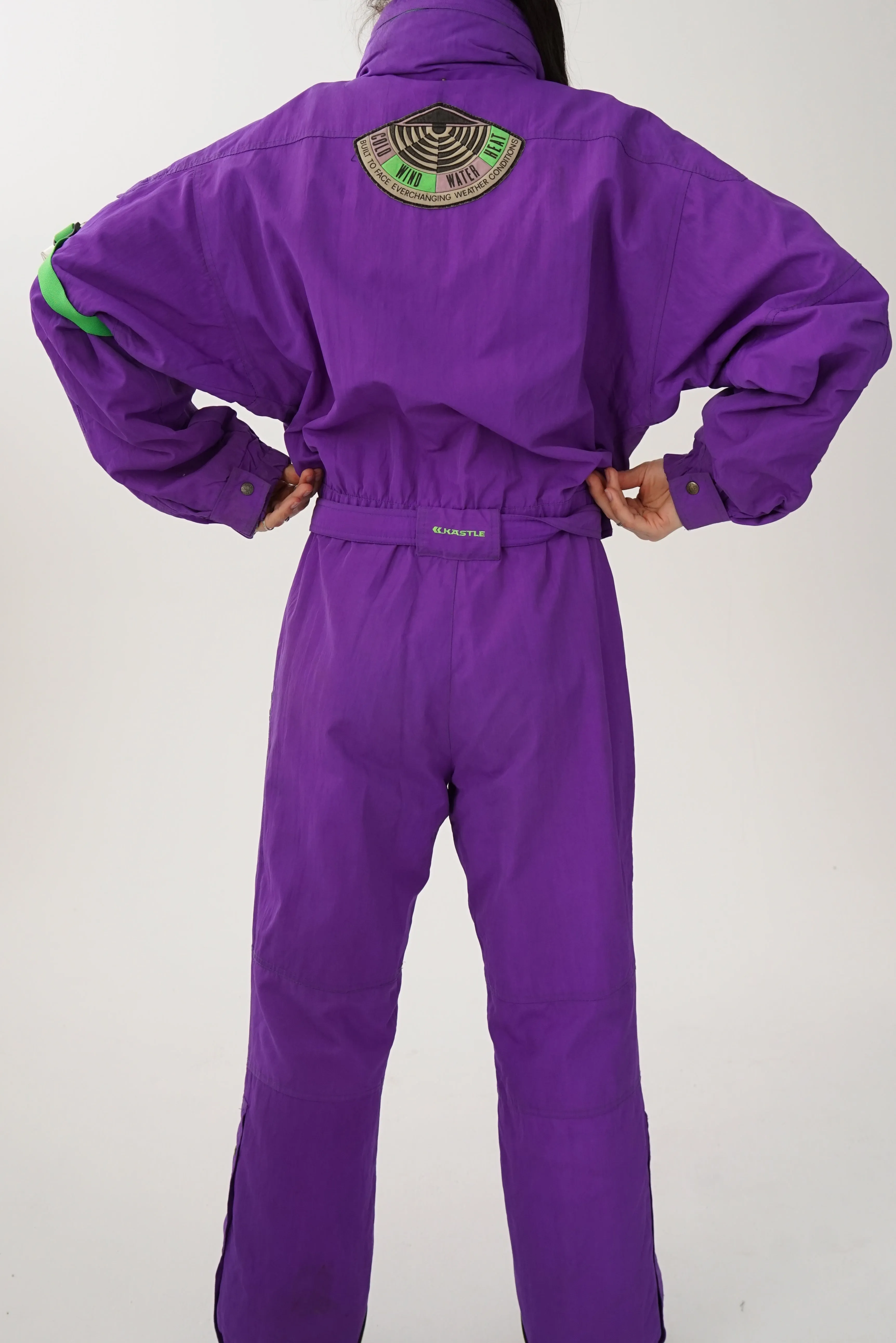 One piece vintage Kastle ski suit, snow suit mauve et vert fluo unisex taille 48 (M)