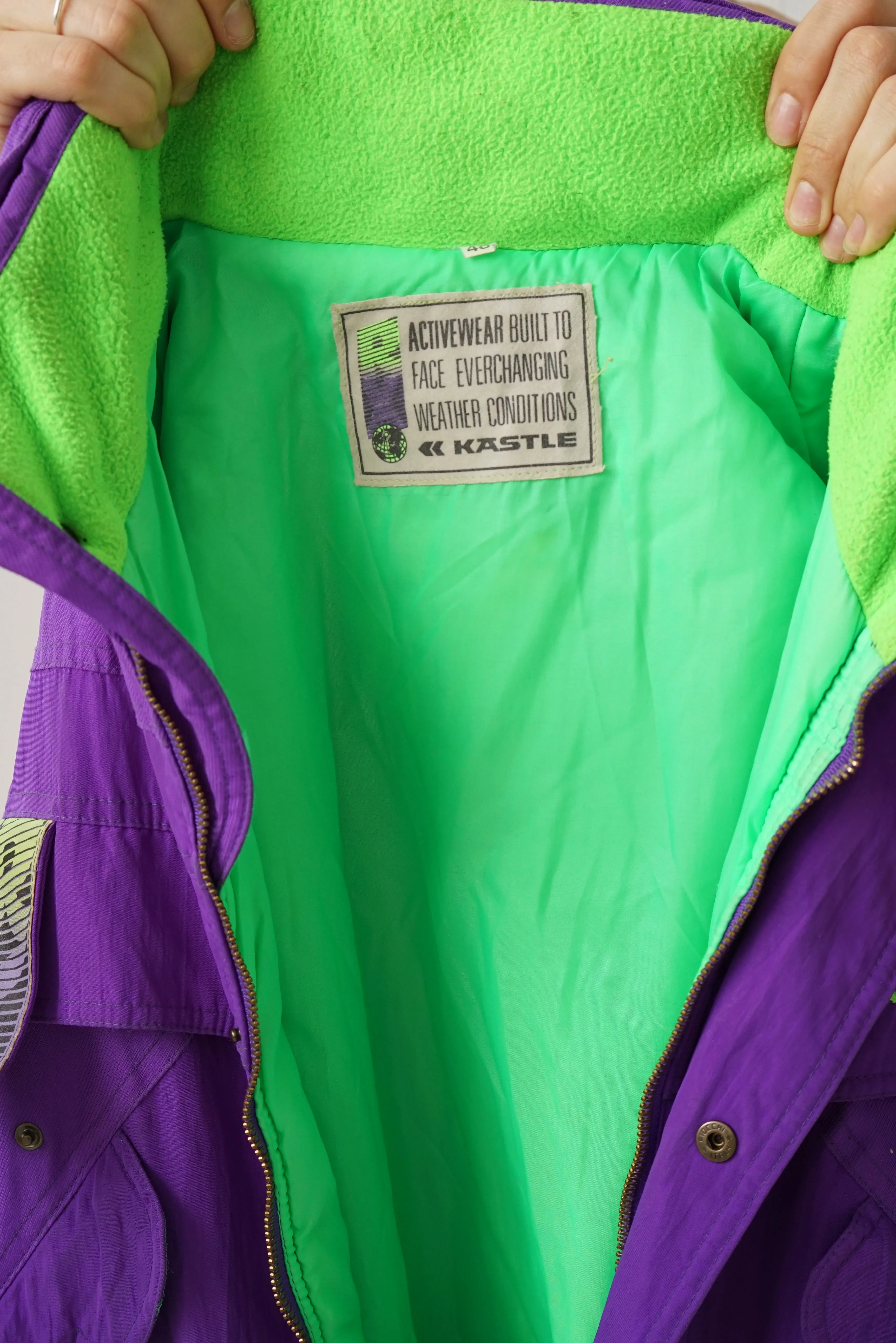 One piece vintage Kastle ski suit, snow suit mauve et vert fluo unisex taille 48 (M)