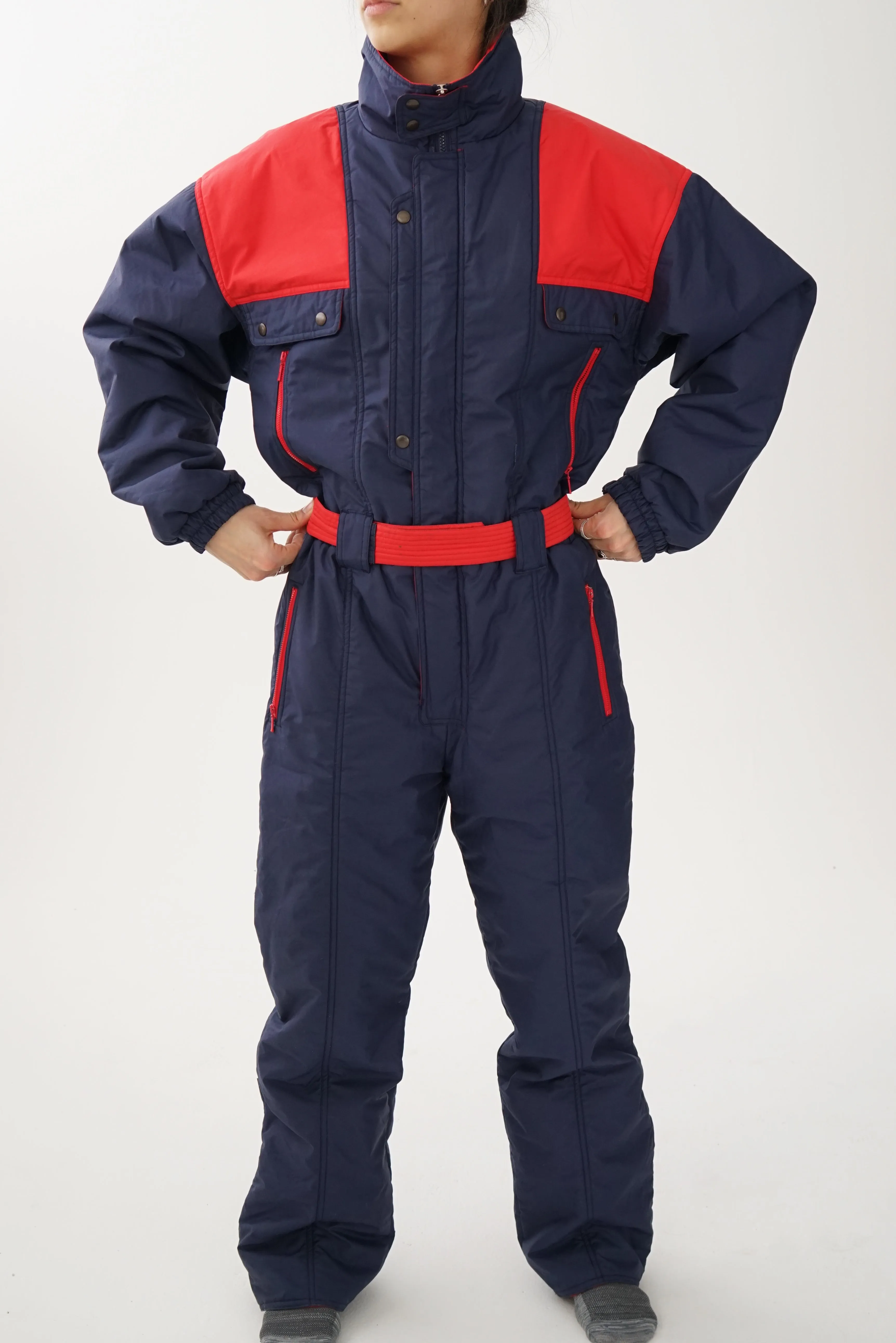 One piece vintage Long's Peak ski suit, snow suit bleu marin et rouge pour homme taille L