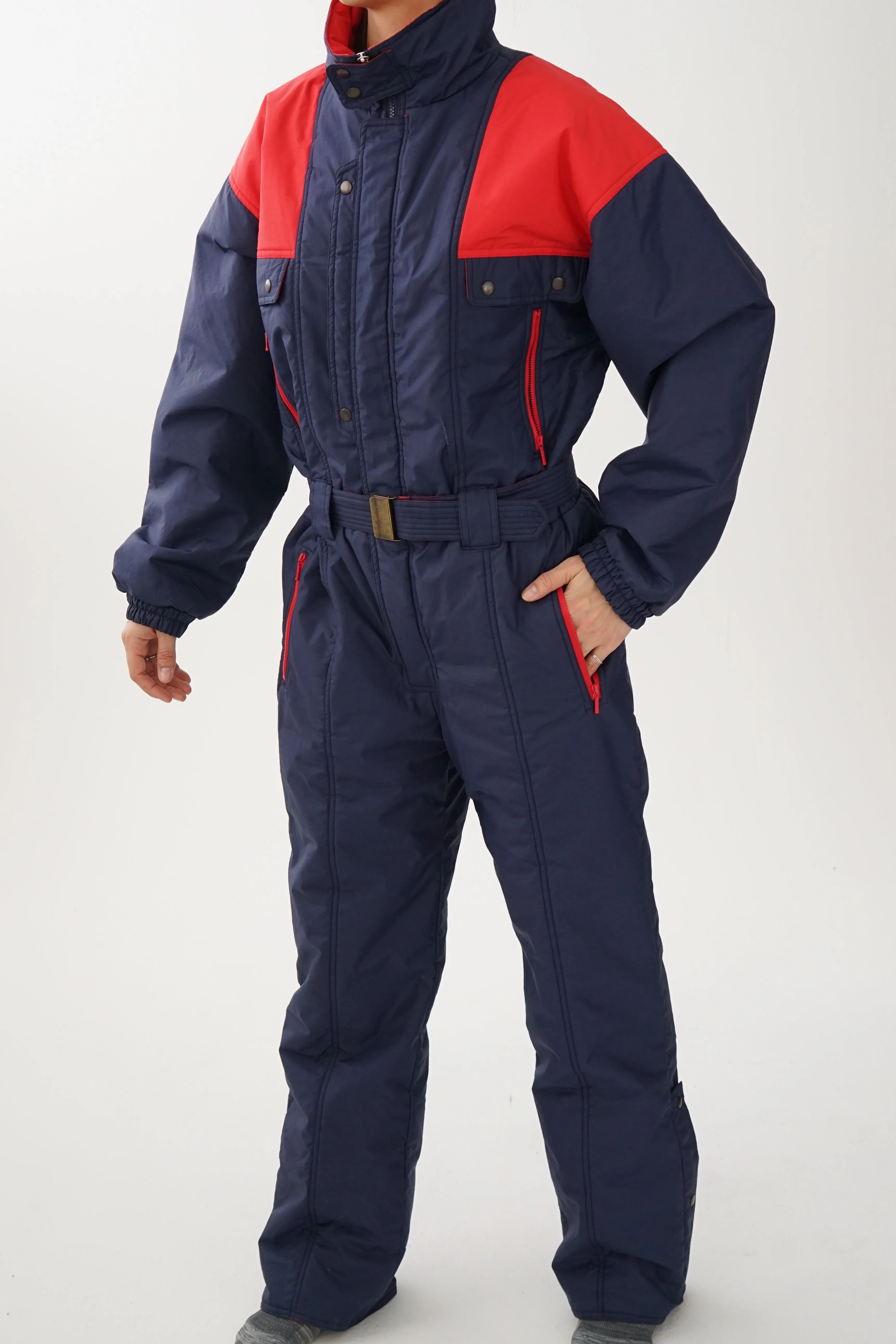 One piece vintage Long's Peak ski suit, snow suit bleu marin et rouge pour homme taille L