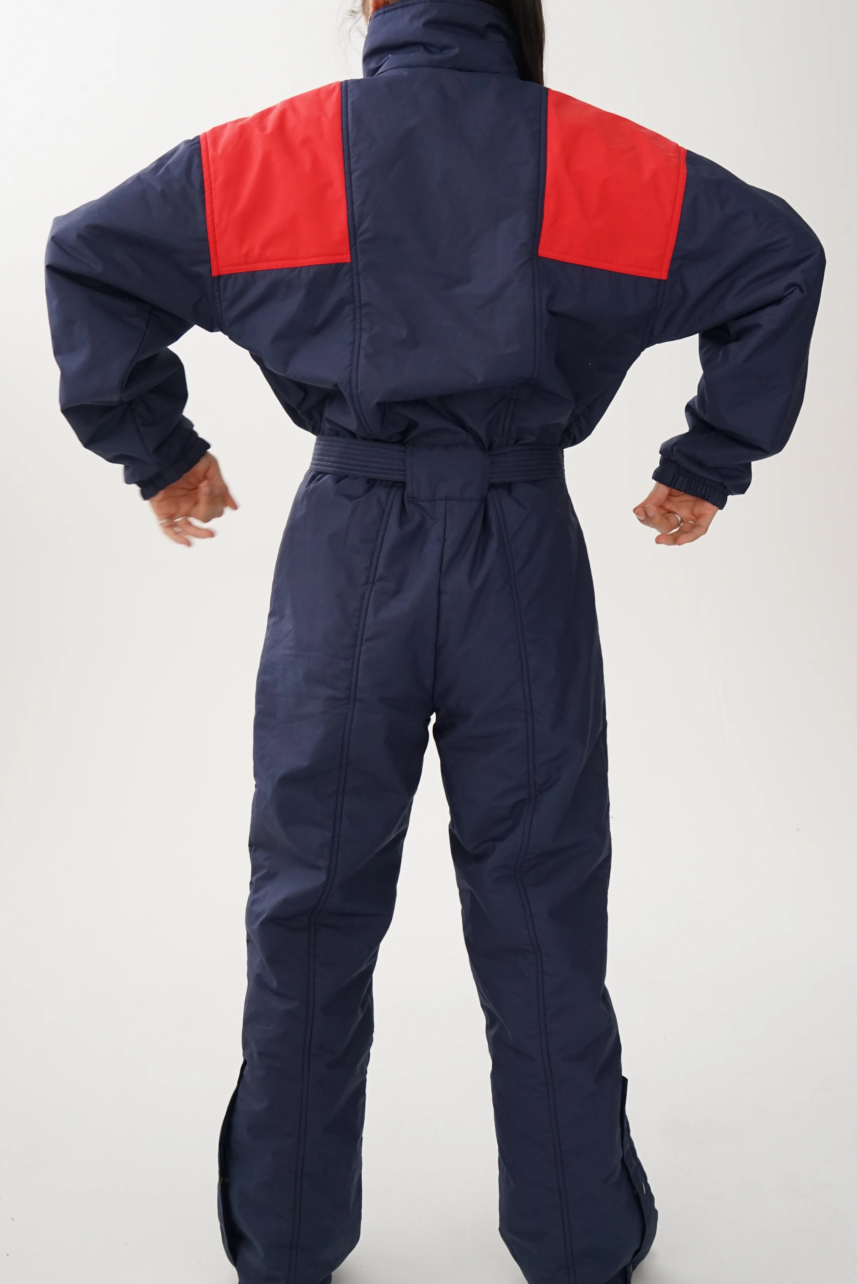 One piece vintage Long's Peak ski suit, snow suit bleu marin et rouge pour homme taille L