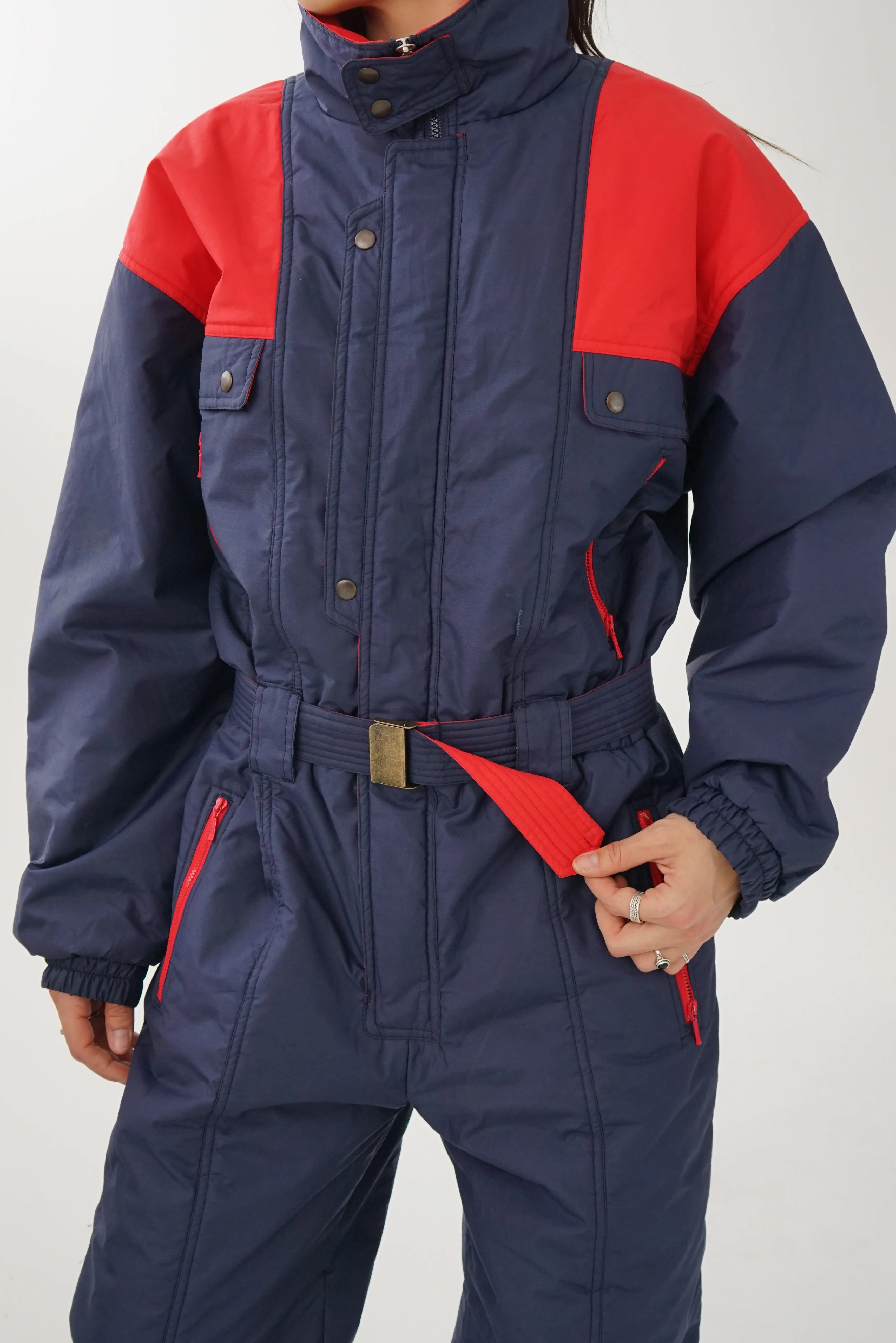 One piece vintage Long's Peak ski suit, snow suit bleu marin et rouge pour homme taille L