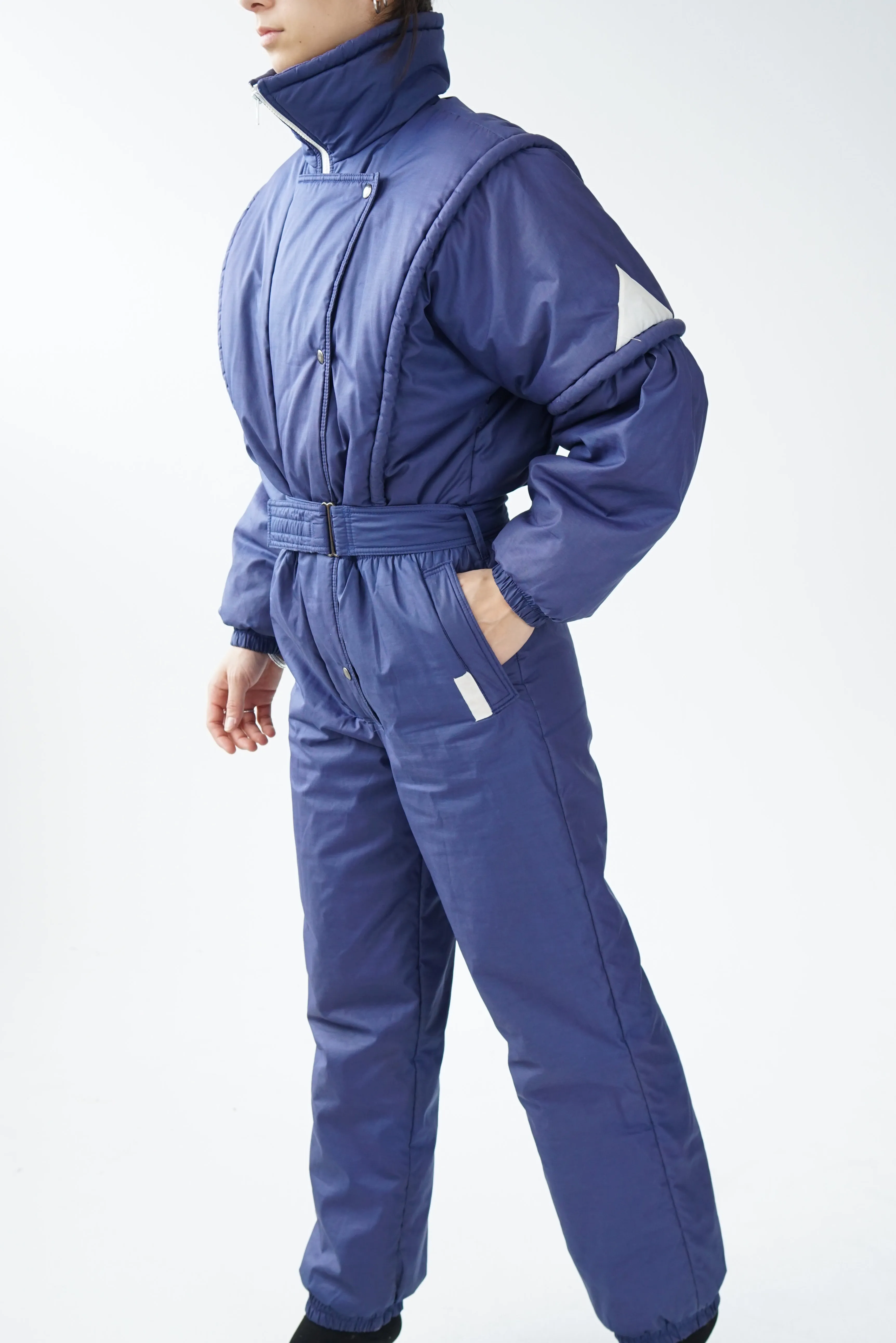 One piece vintage Lupa ski suit, snow suit bleu foncé avec zip blanc unisex taille 12