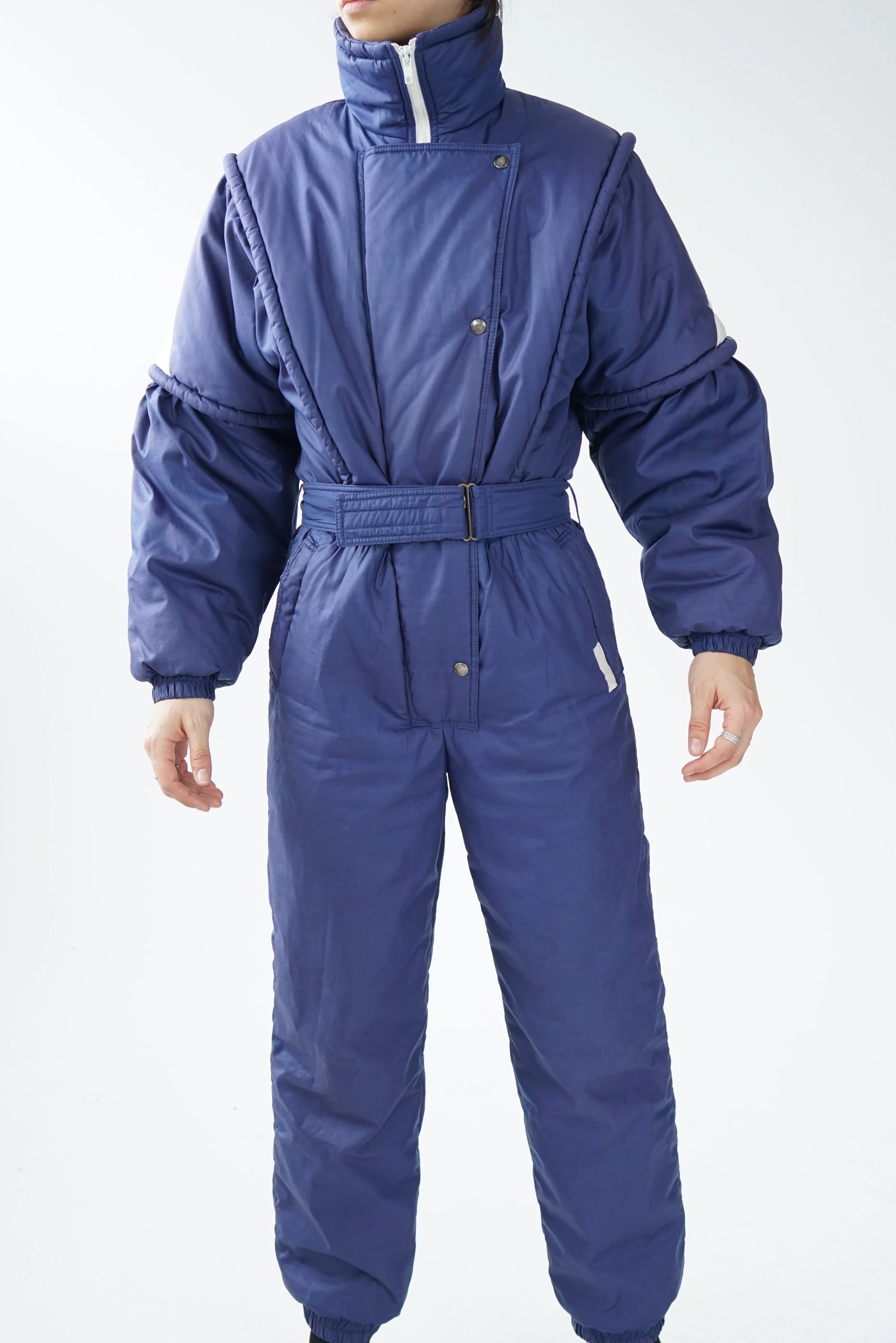 One piece vintage Lupa ski suit, snow suit bleu foncé avec zip blanc unisex taille 12