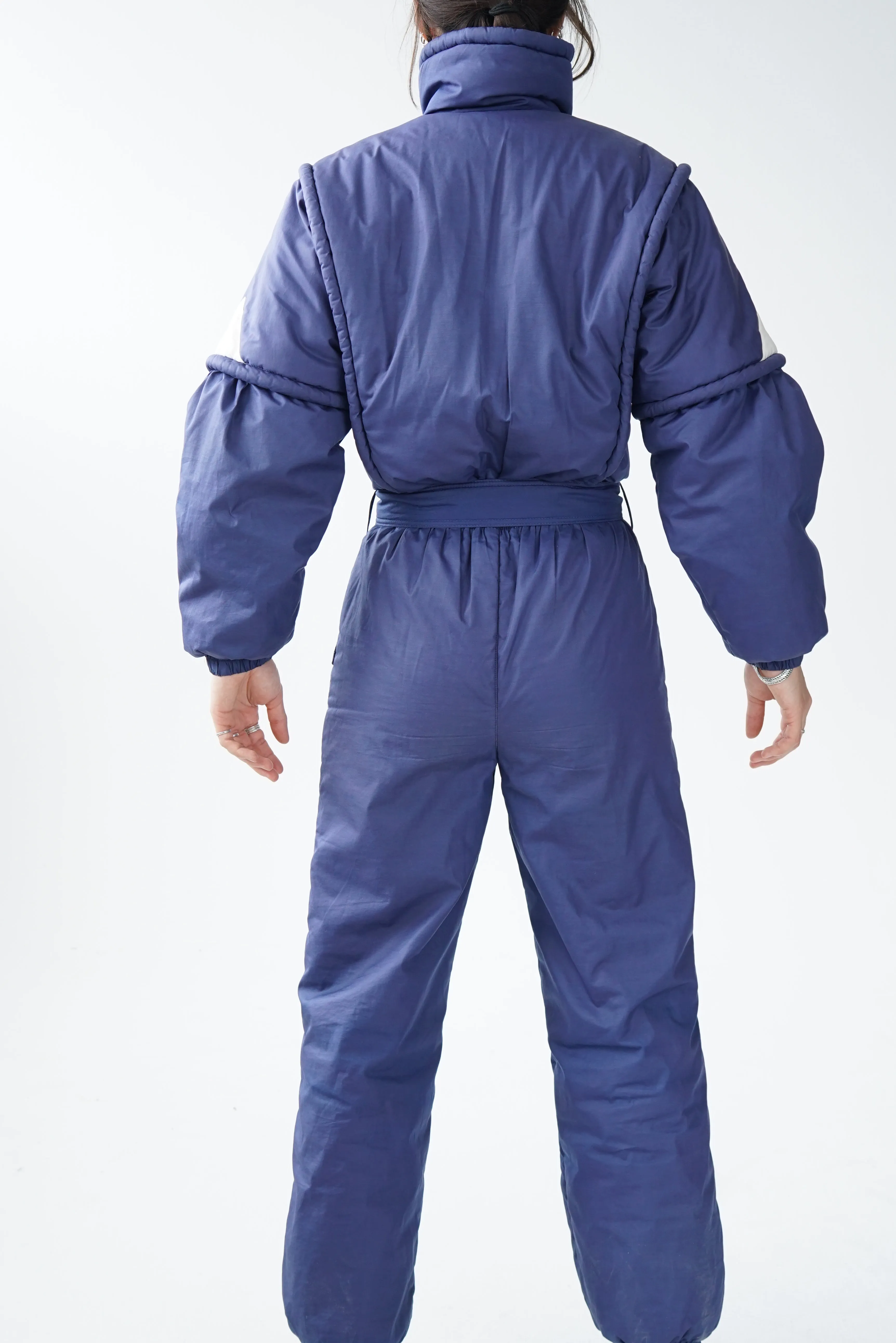 One piece vintage Lupa ski suit, snow suit bleu foncé avec zip blanc unisex taille 12